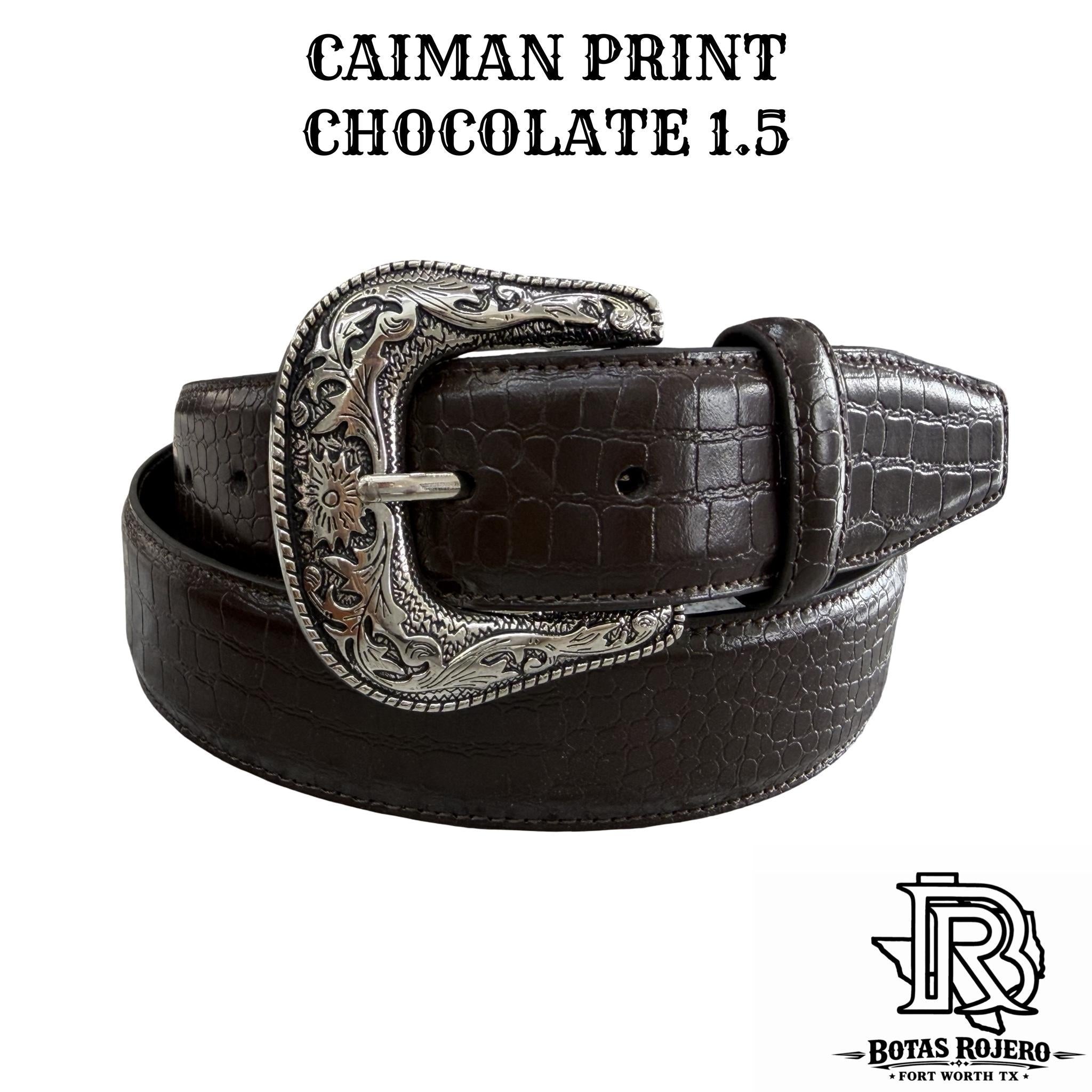 “ LEONEL “ CAIMAN PRINT CHOCOLATE 1.5 INCH WIDE IRON SPUR BELT