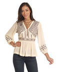 Rock&Roll Ladies Empire Waist Embroidered Cream Top |LW52T04695