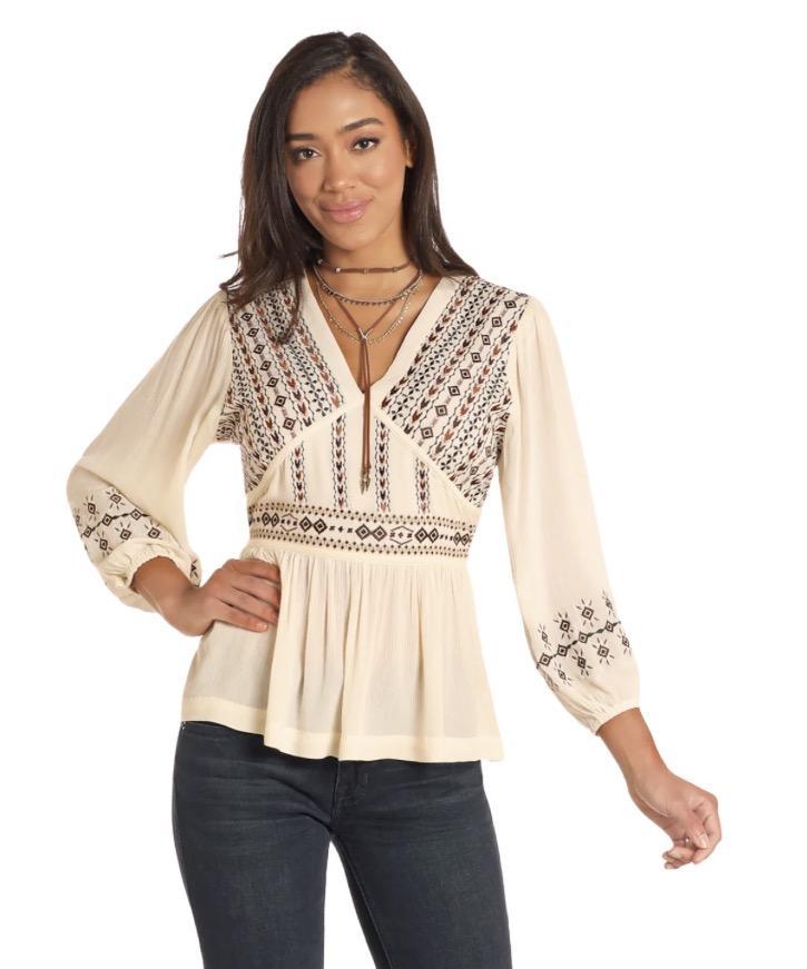 Rock&Roll Ladies Empire Waist Embroidered Cream Top |LW52T04695