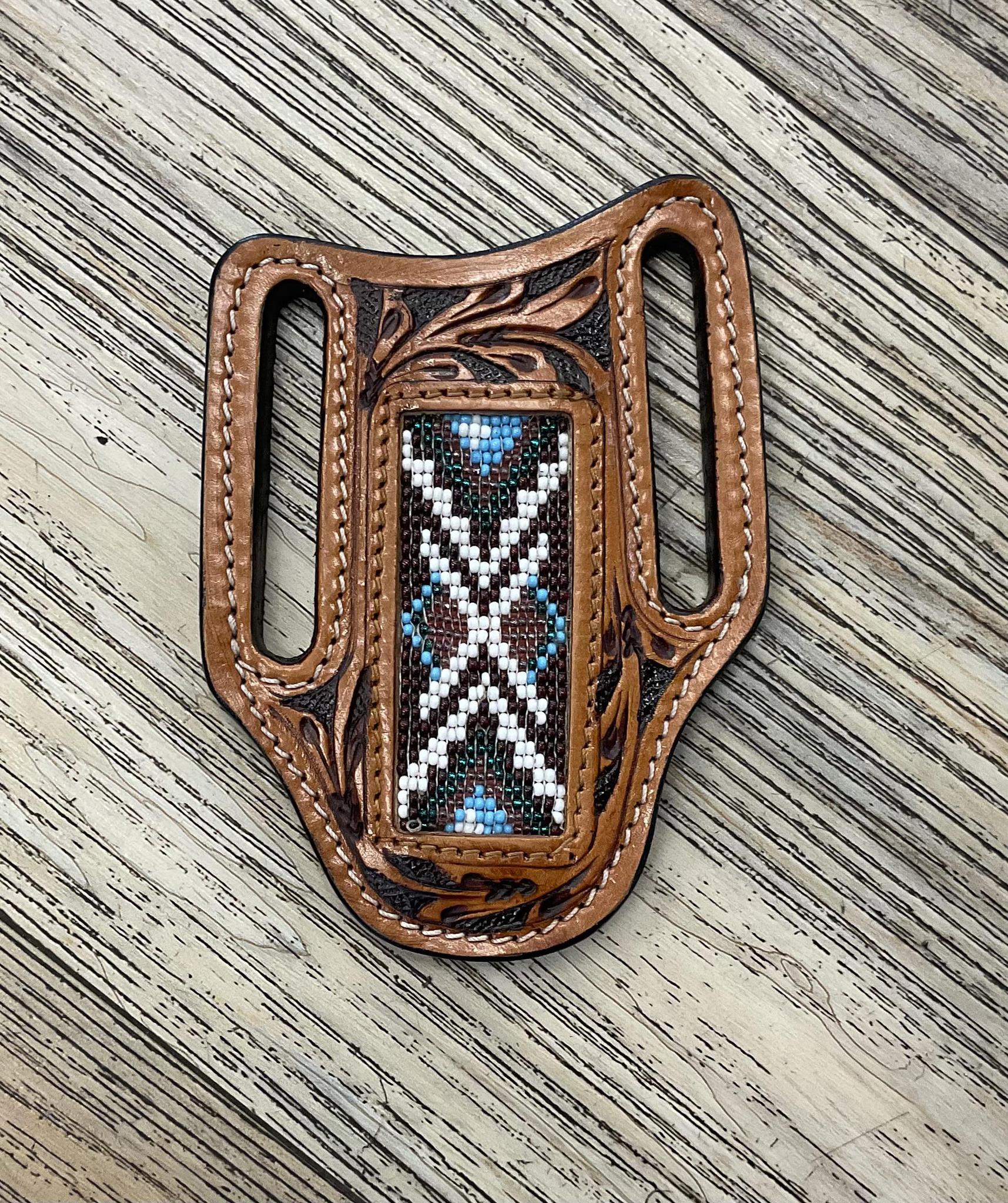“ SAMUEL “ |  KNIFE SHEATH WESTERN TOOLED LEATHER  BEADED | IRON SPUR
