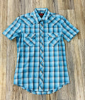 MEN’S ROCK & ROLL MODERN FIT PLAID DOBBY BRIGHT TURQUOISE SHORT SLEEVE SNAP SHIRT | BMN3S05852
