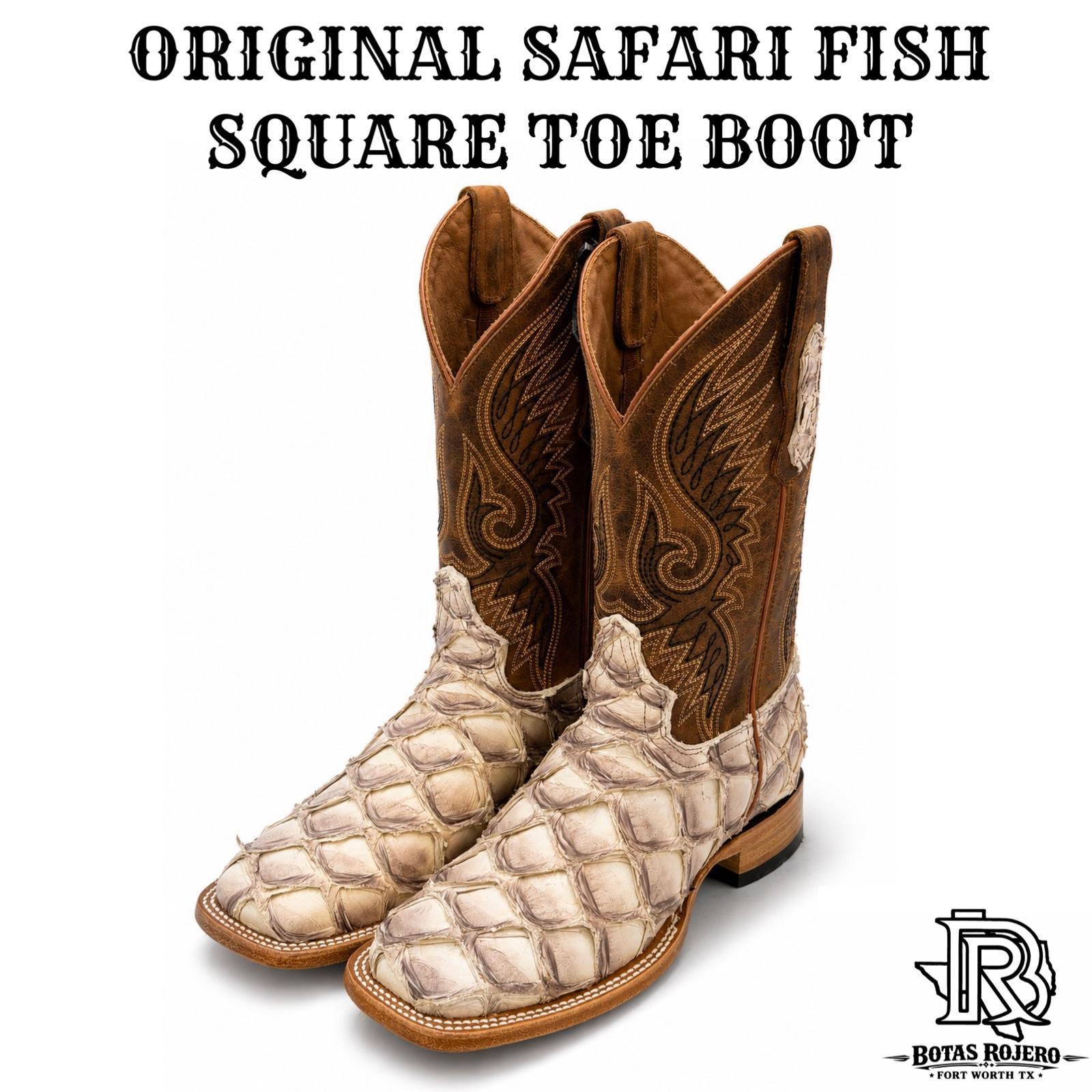 “ OSCAR “ | PIRARUCU ( FISH )  ORIGNAL SAFARI MEN SQUARE TOE WESTERN BOOTS ( LIGHT TAN ) COLOR