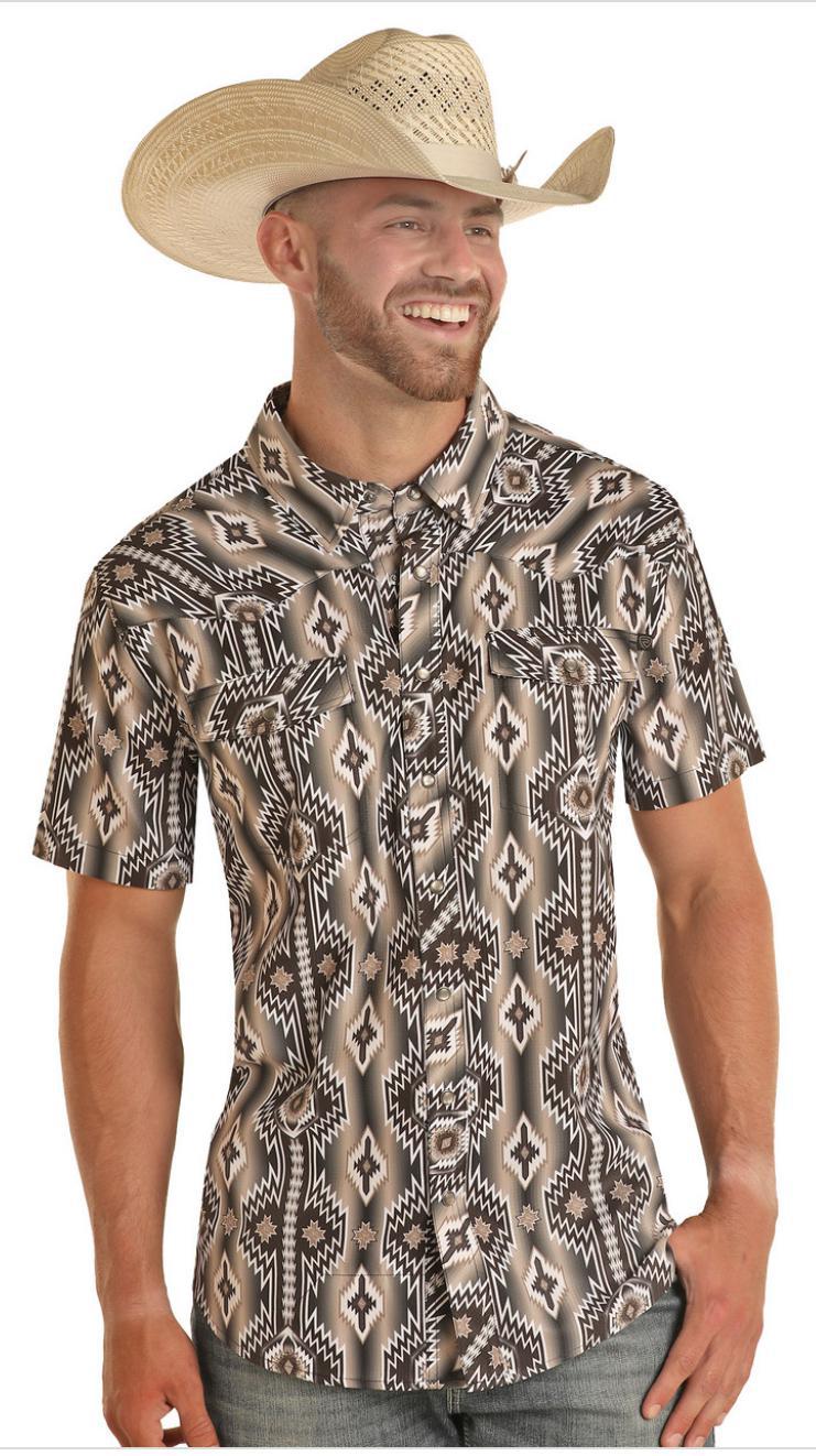 MENS ROCK & ROLL TEK SHORT SLEEVE AZTEC BLACK SHIRT | BMN3S03352