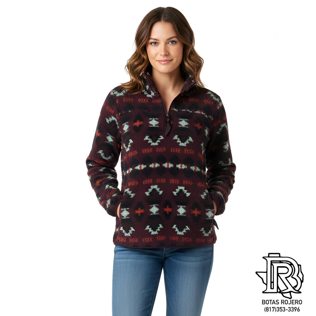WOMEN'S WRANGLER RETRO SOUTHWESTERN PRINT SHERPA PULLOVER IN WINE TASTING| 112335654
