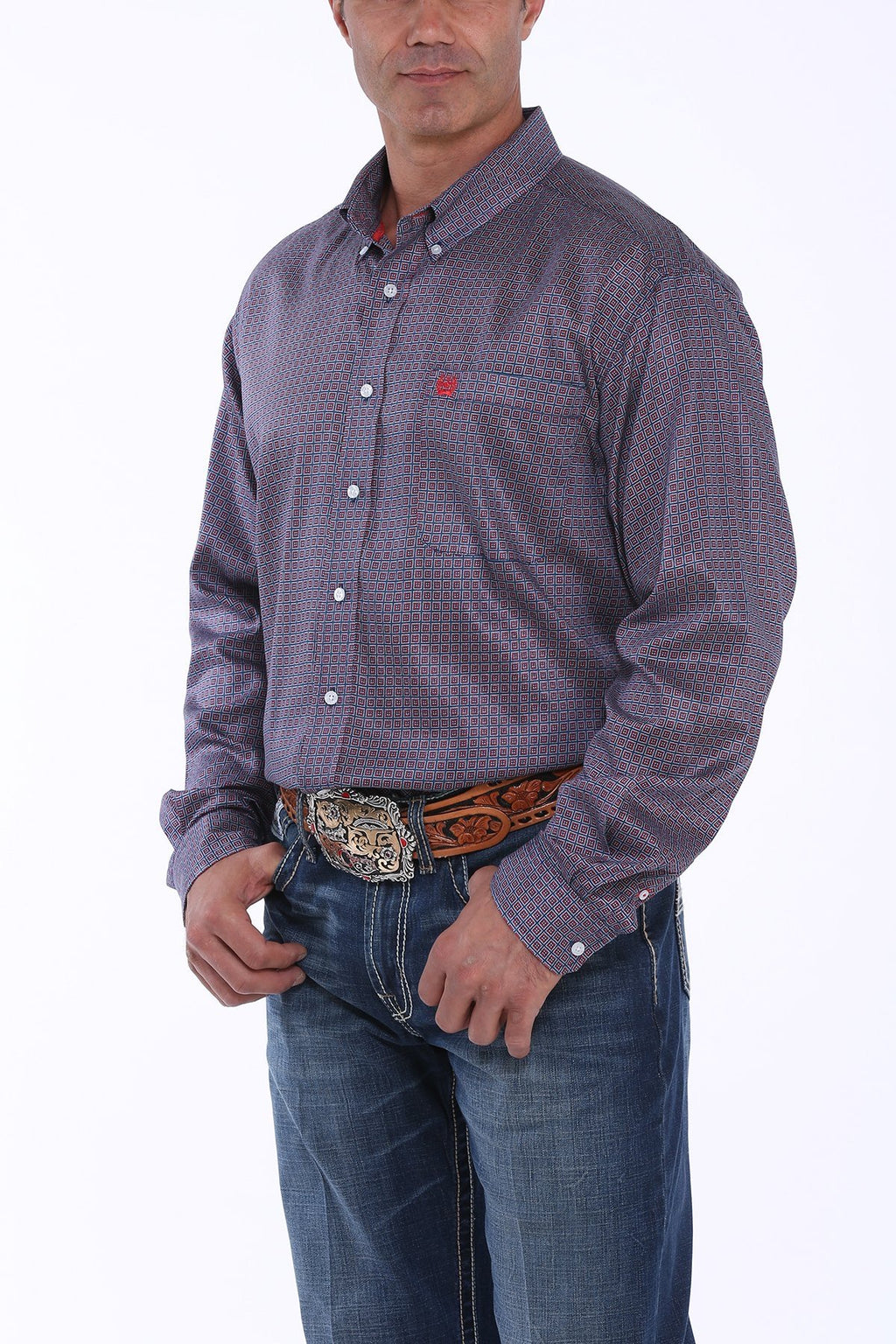 MENS NAVY, RED AND WHITE GEOMETRIC PRINT BUTTON-DOWN WESTERN SHIRT MTW1104888