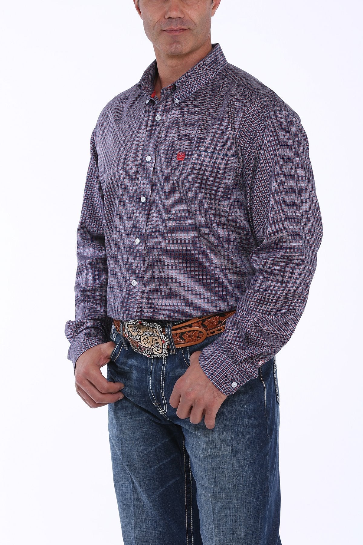 MENS NAVY, RED AND WHITE GEOMETRIC PRINT BUTTON-DOWN WESTERN SHIRT MTW1104888