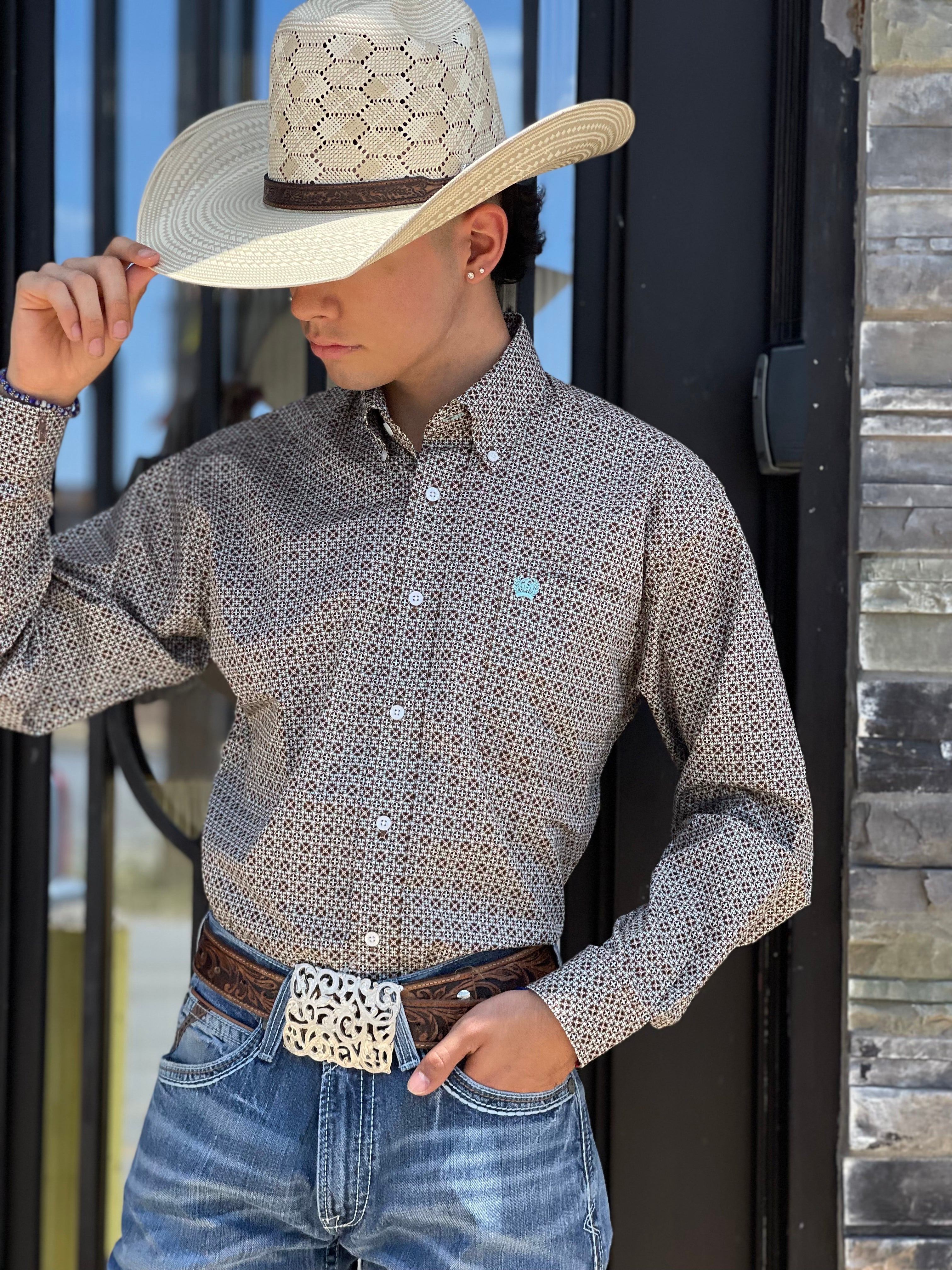 MEN’S LONG SLEEVE PRINT BROWN CINCH | MTW1105375