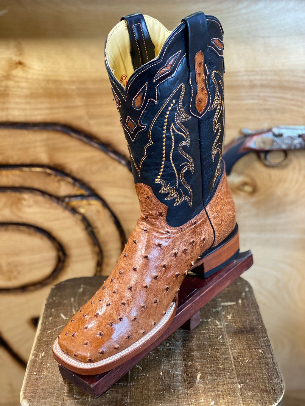 ORIGINAL OSTRICH COGNAC SQUARE TOE BOOT Arango