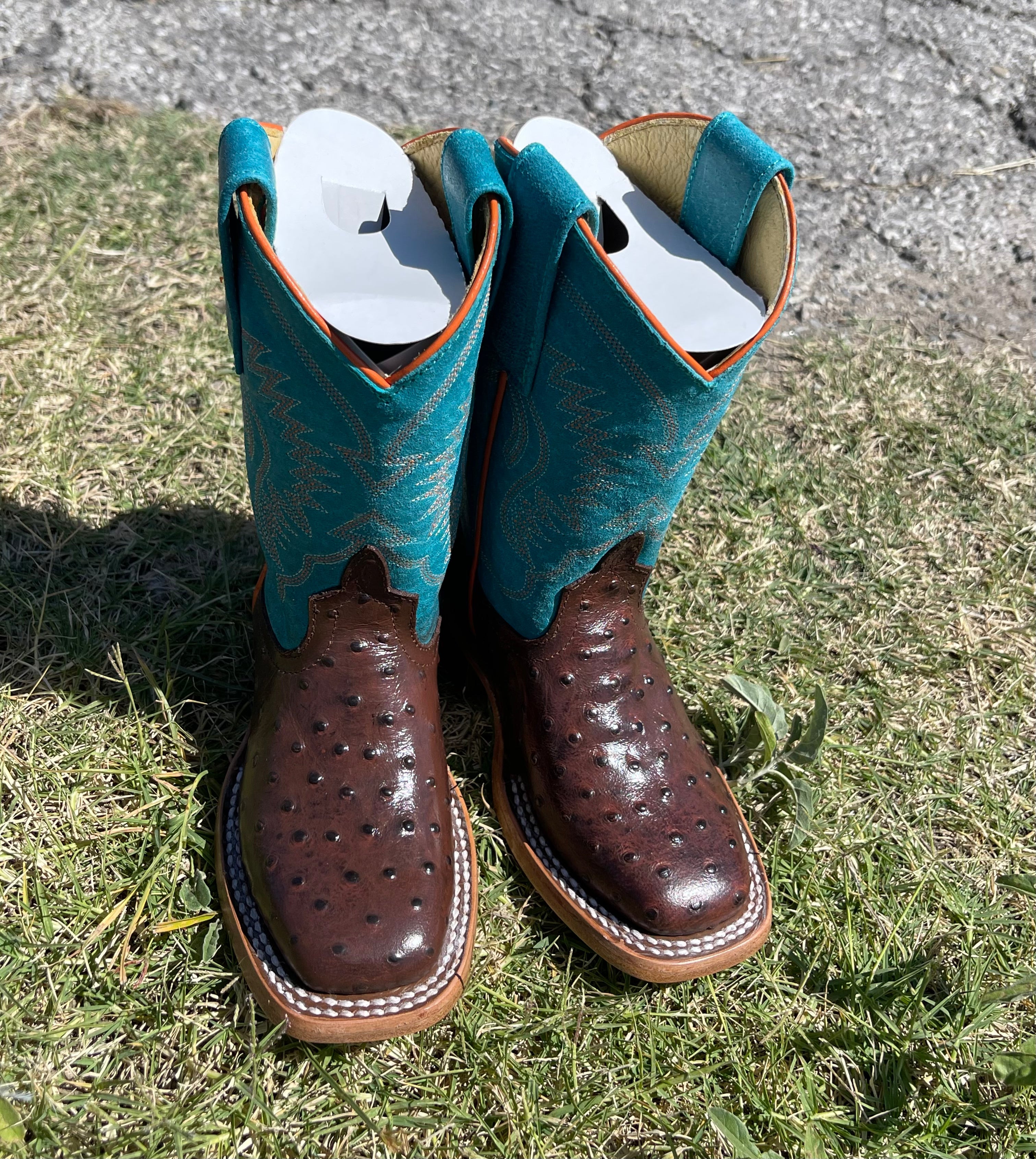Anderson Bean Kids Turquoise & Chocolate Ostrich Print Boots | ABK7083