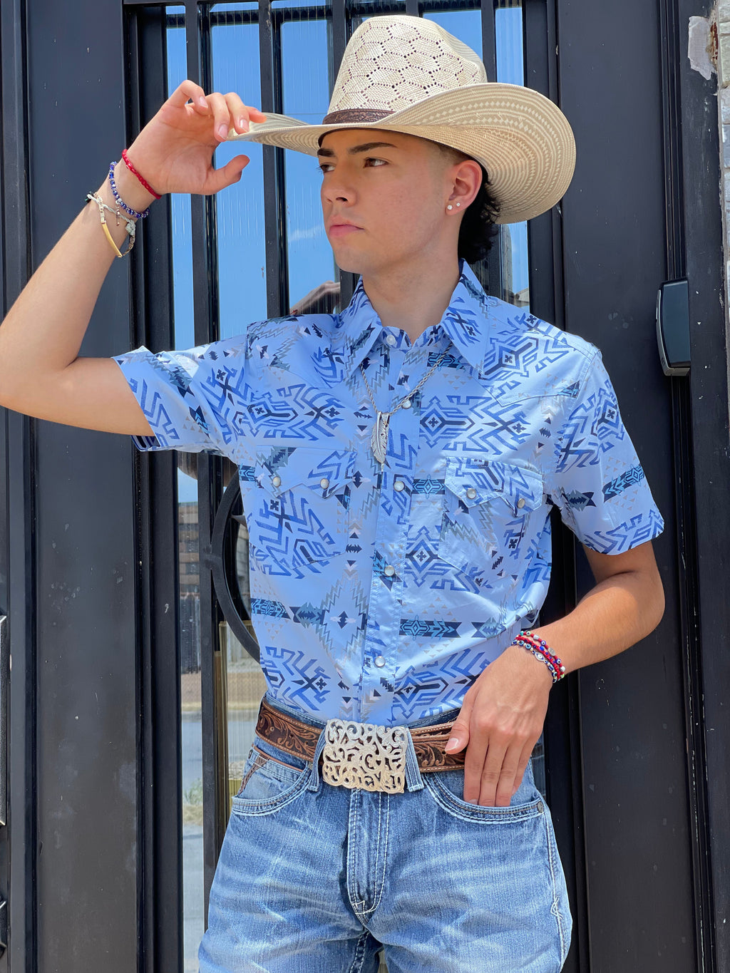 MENS ROCK & ROLL RRCB AZTEC  SHORT SLEEVE SNAP BLUE SHIRT |RRMS1SRZ7Z