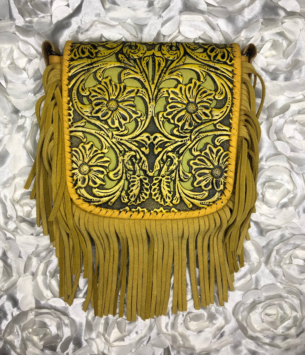 Full tooled leather with fringe crossbody