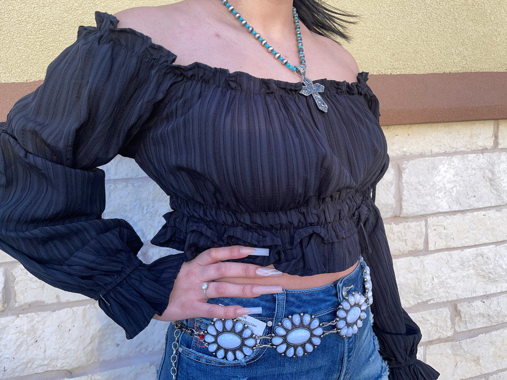 CASANDRA BLACK OFF SHOULDER TOP | HF22E115