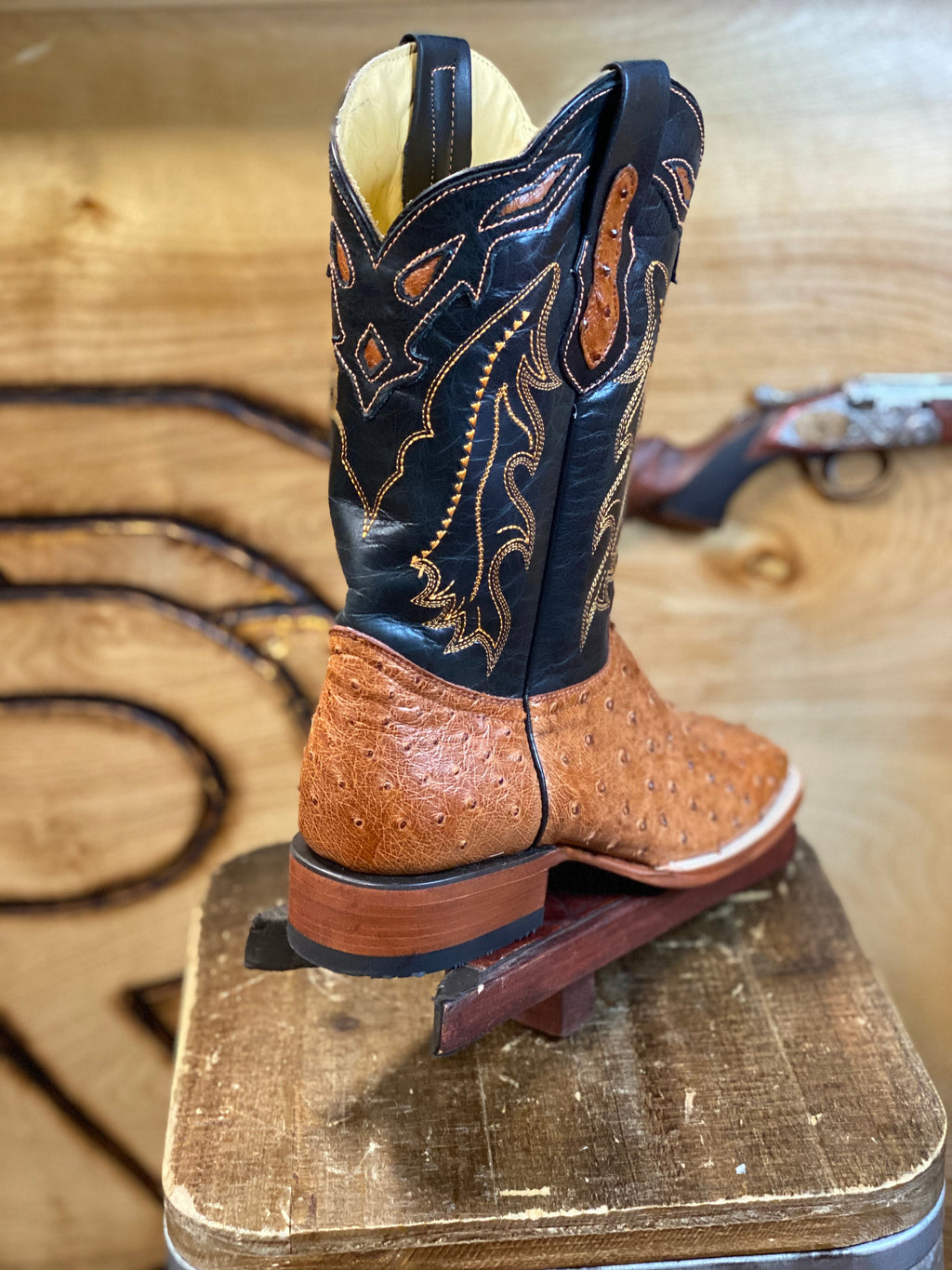 ORIGINAL OSTRICH COGNAC SQUARE TOE BOOT Arango