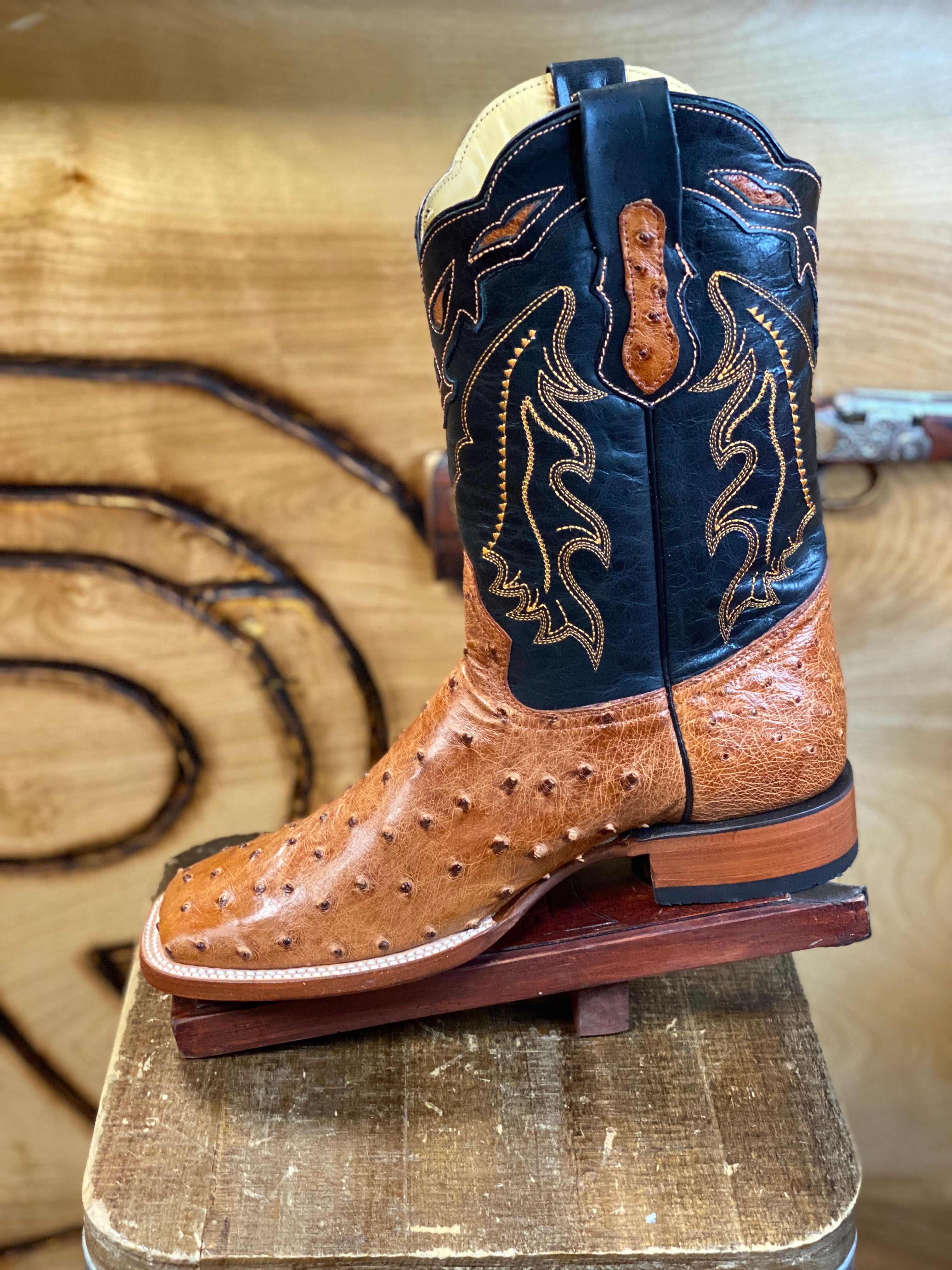 ORIGINAL OSTRICH COGNAC SQUARE TOE BOOT Arango