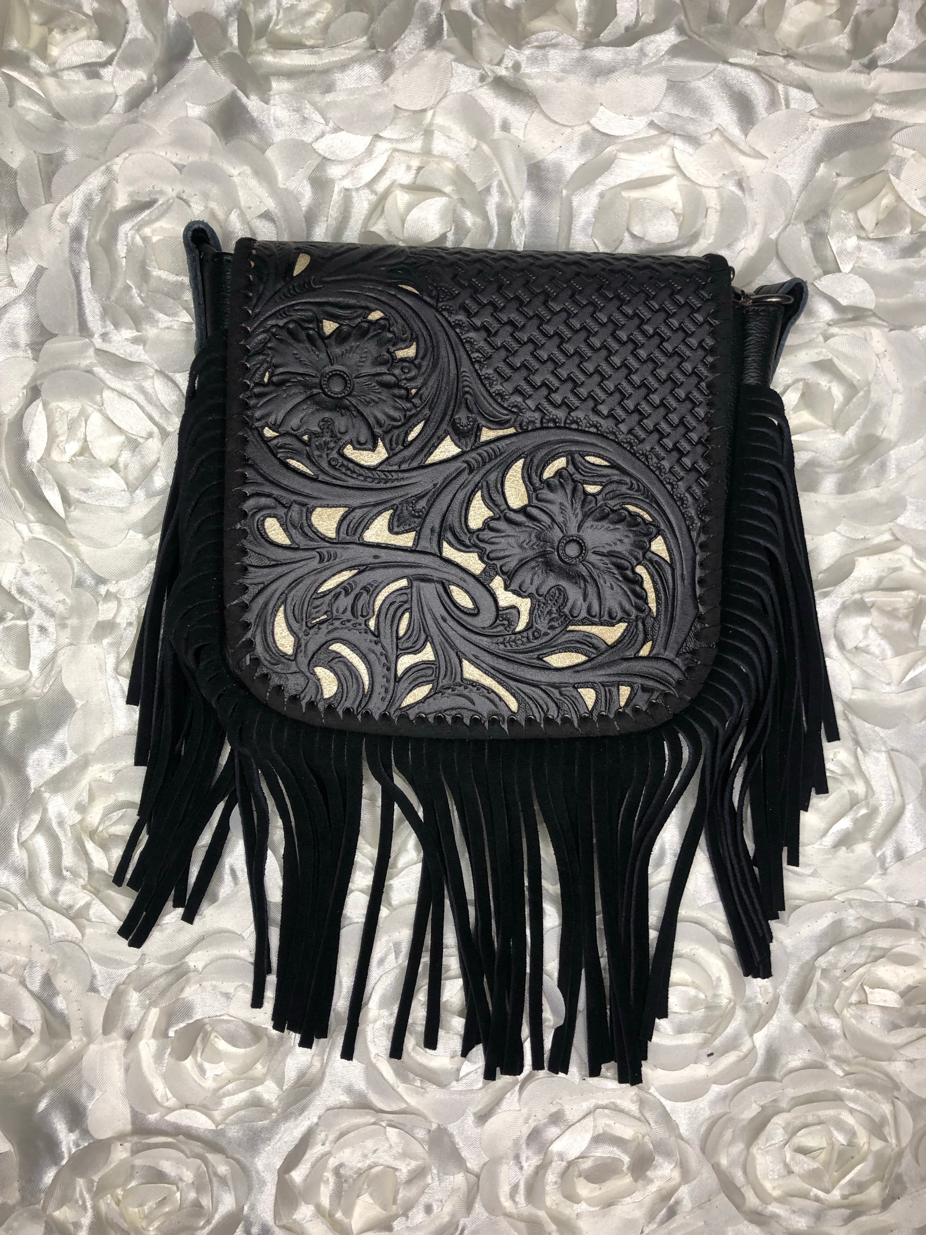 Half tooled leather with fringe crossbody