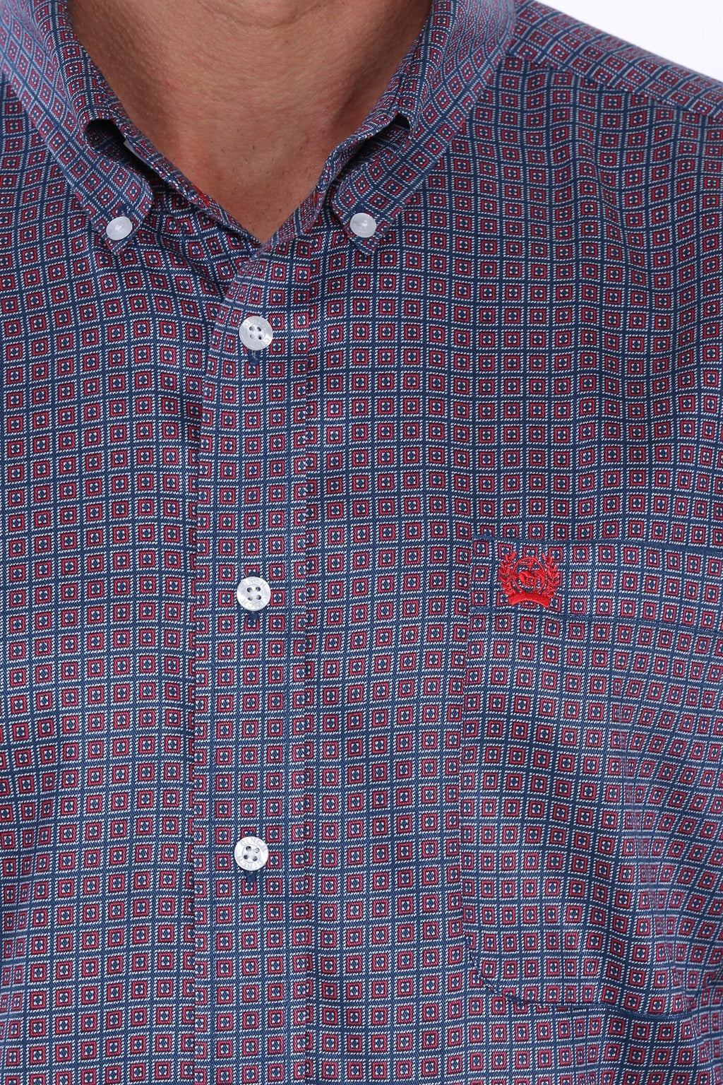 MENS NAVY, RED AND WHITE GEOMETRIC PRINT BUTTON-DOWN WESTERN SHIRT MTW1104888