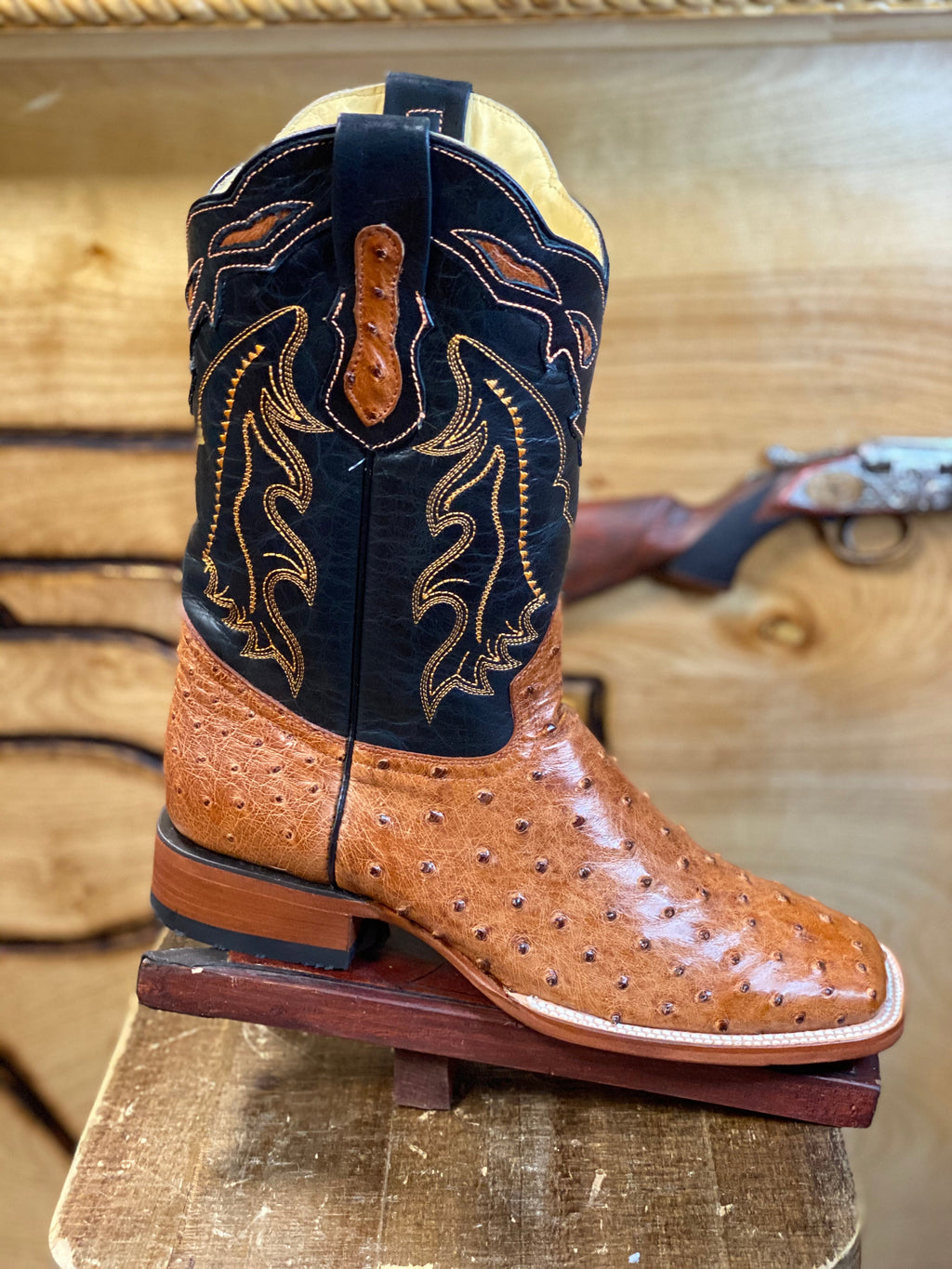 ORIGINAL OSTRICH COGNAC SQUARE TOE BOOT Arango