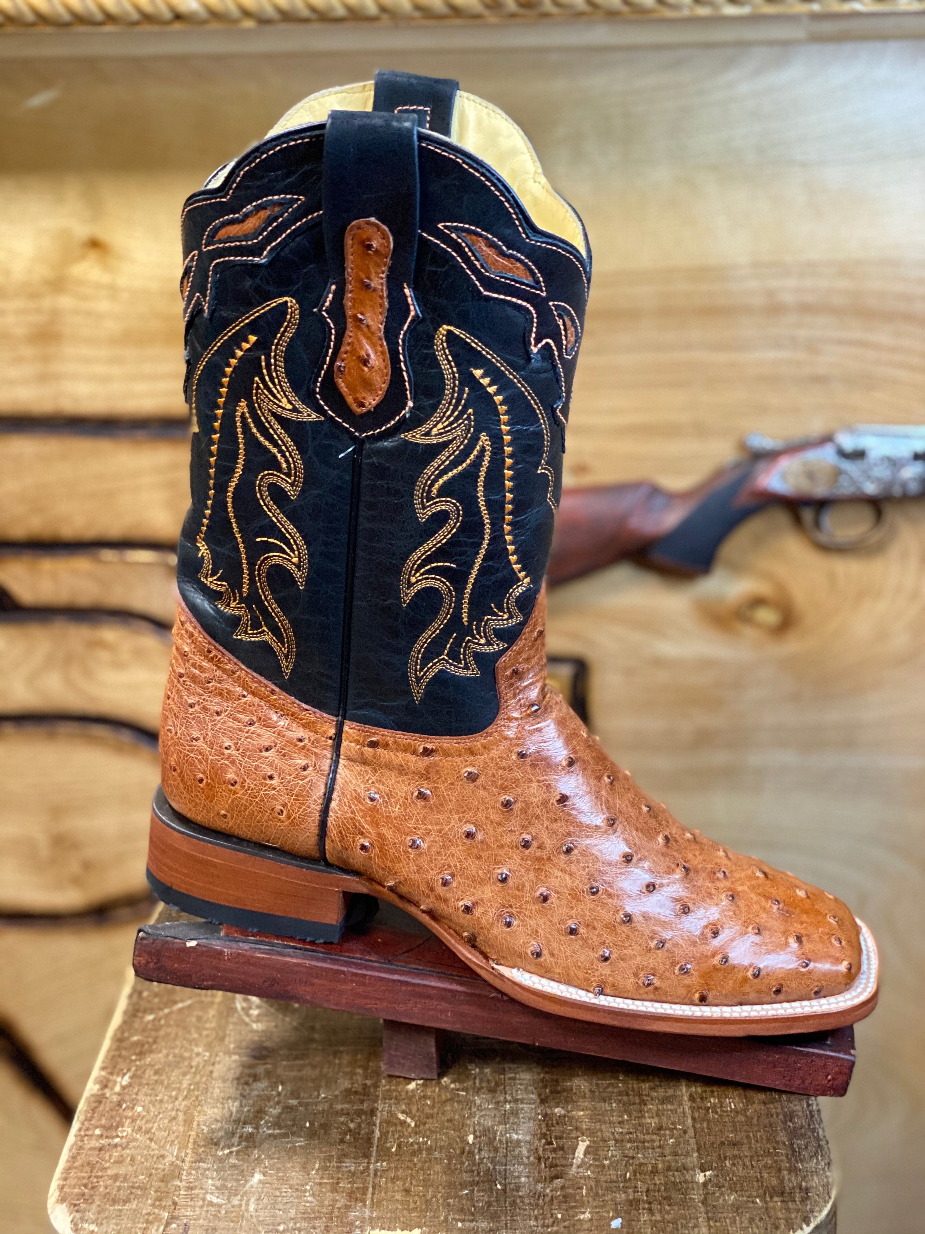 ORIGINAL OSTRICH COGNAC SQUARE TOE BOOT Arango