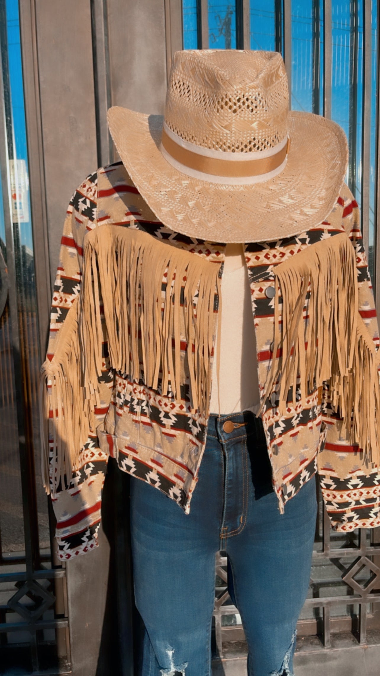 AZTEC PRINT FRINGE DENIM JACKET | RRWD92RZQB
