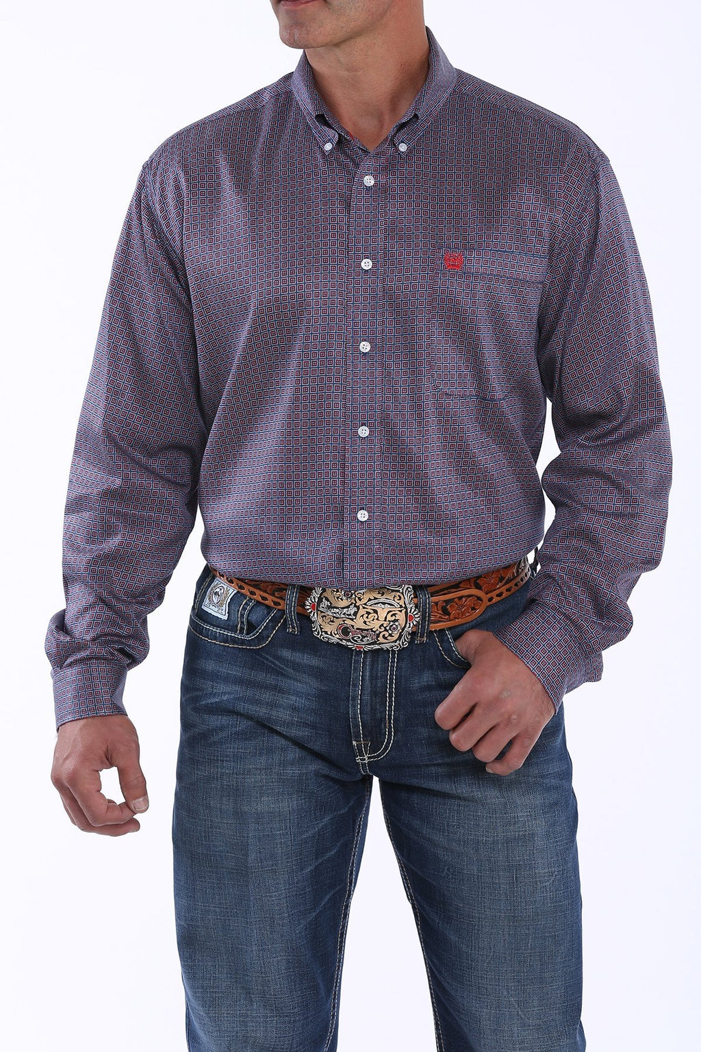 MENS NAVY, RED AND WHITE GEOMETRIC PRINT BUTTON-DOWN WESTERN SHIRT MTW1104888