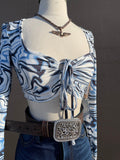 MARBLE PRINT TIE FRONT CROP TOP