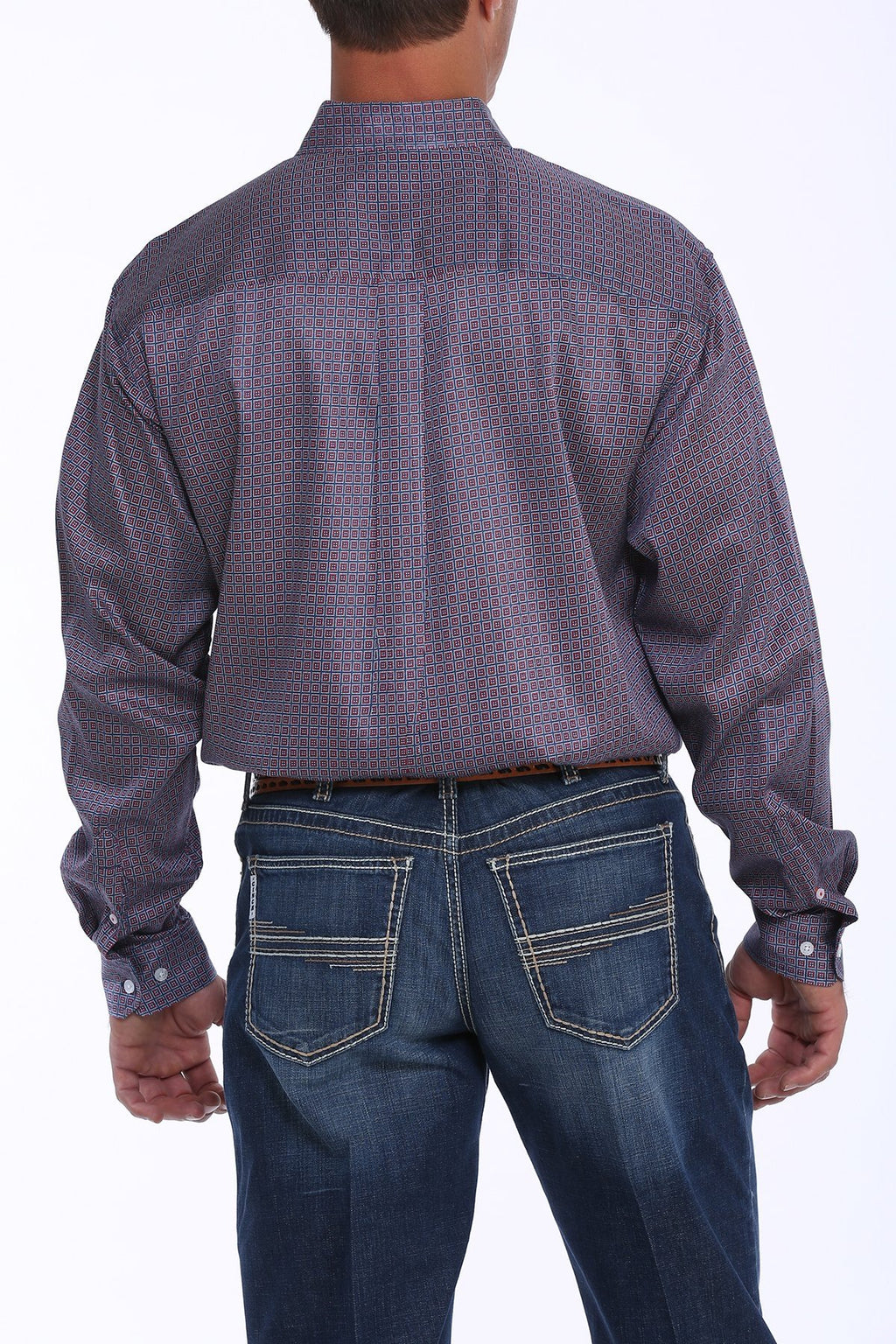 MENS NAVY, RED AND WHITE GEOMETRIC PRINT BUTTON-DOWN WESTERN SHIRT MTW1104888