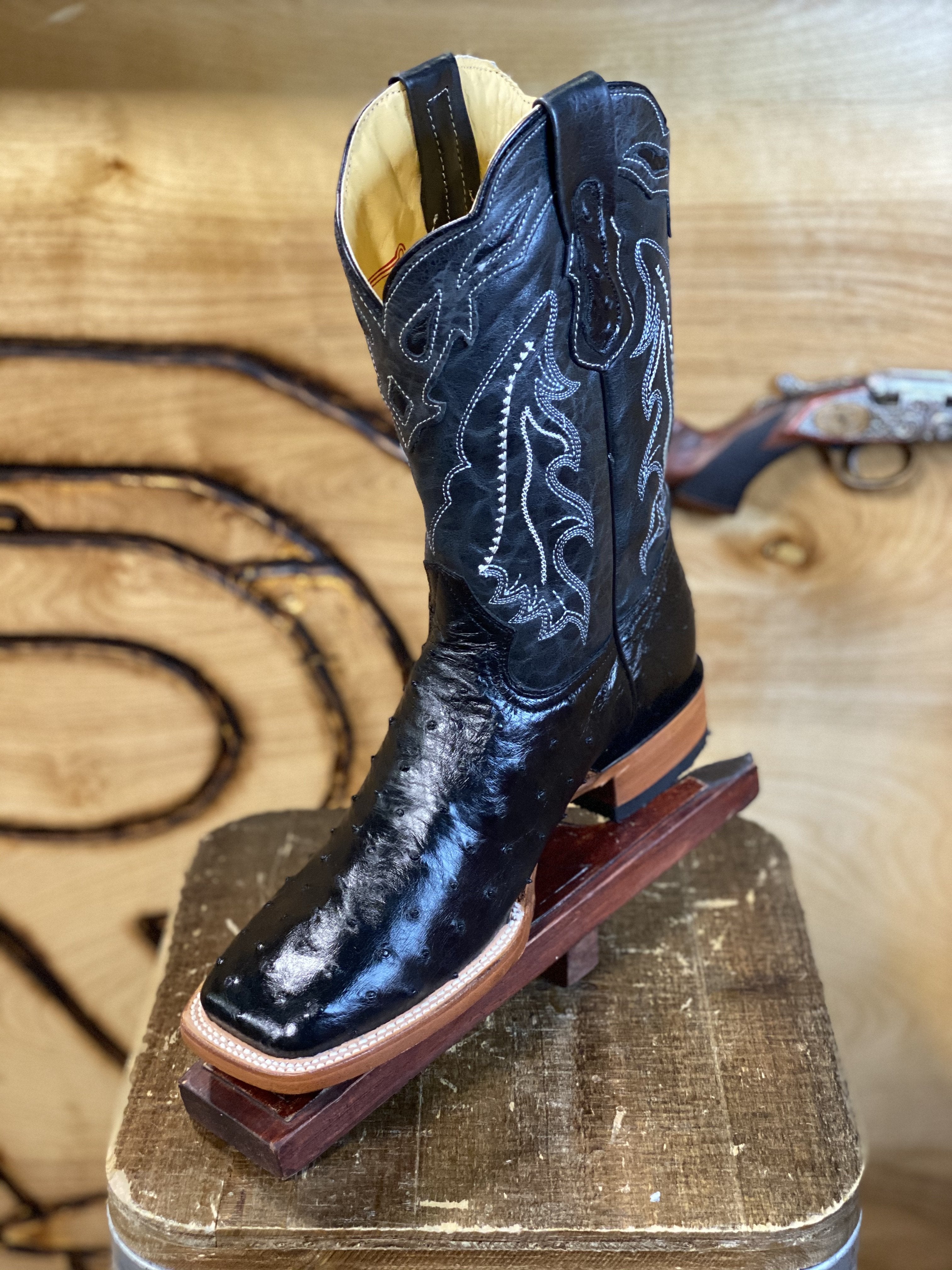 Original -Ostrich Boots | Black Men Western Square Toe Boots Arango