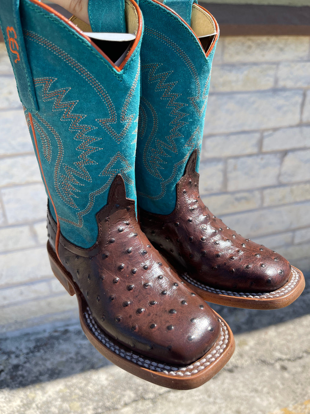Anderson Bean Kids Turquoise & Chocolate Ostrich Print Boots | ABK7083