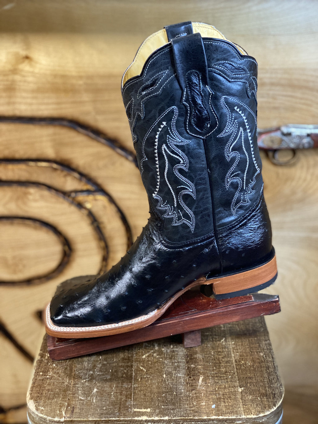Original -Ostrich Boots | Black Men Western Square Toe Boots Arango