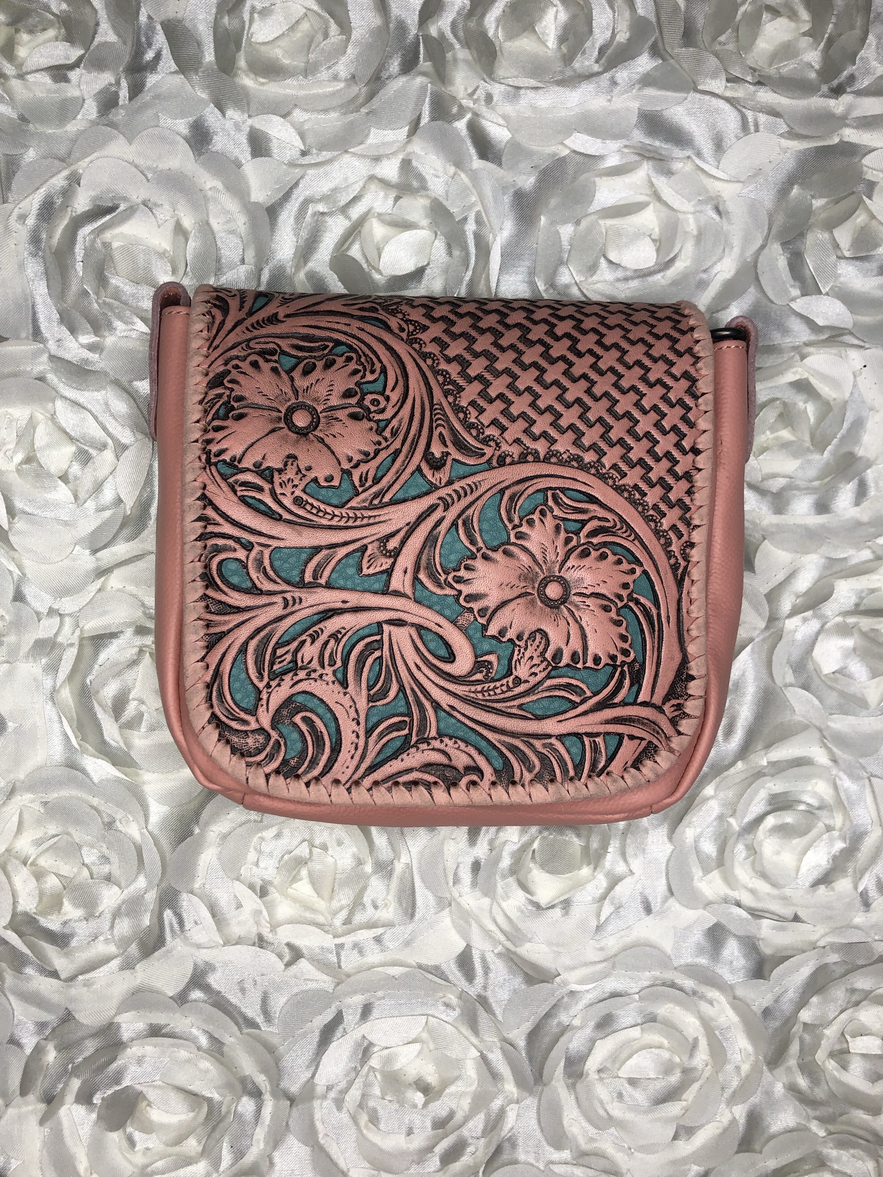 Tooled leather crossbody bag
