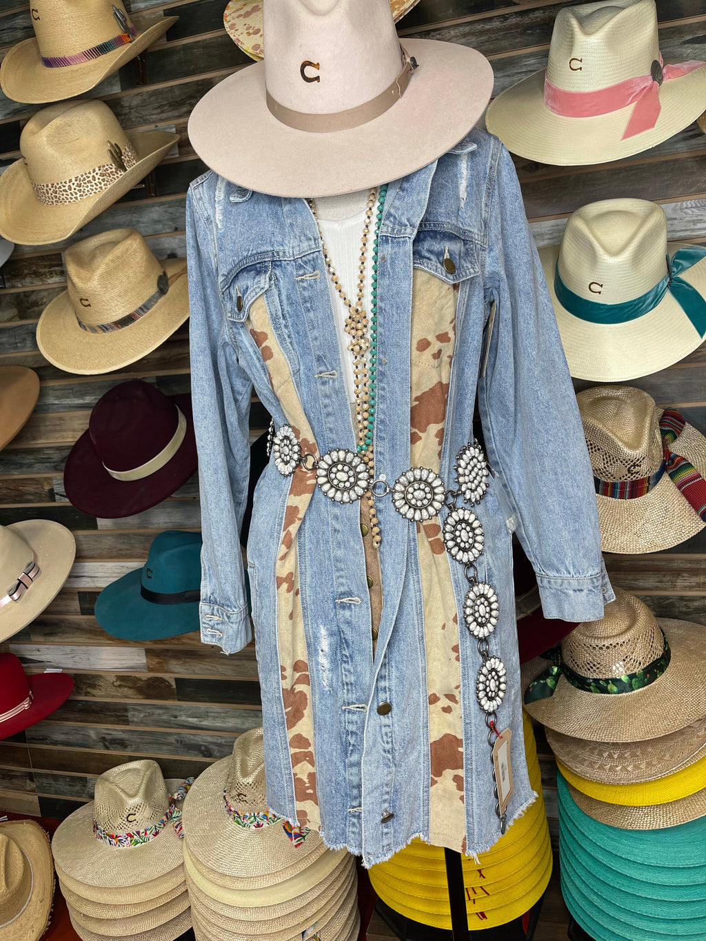 Cow Print long jean Jacket