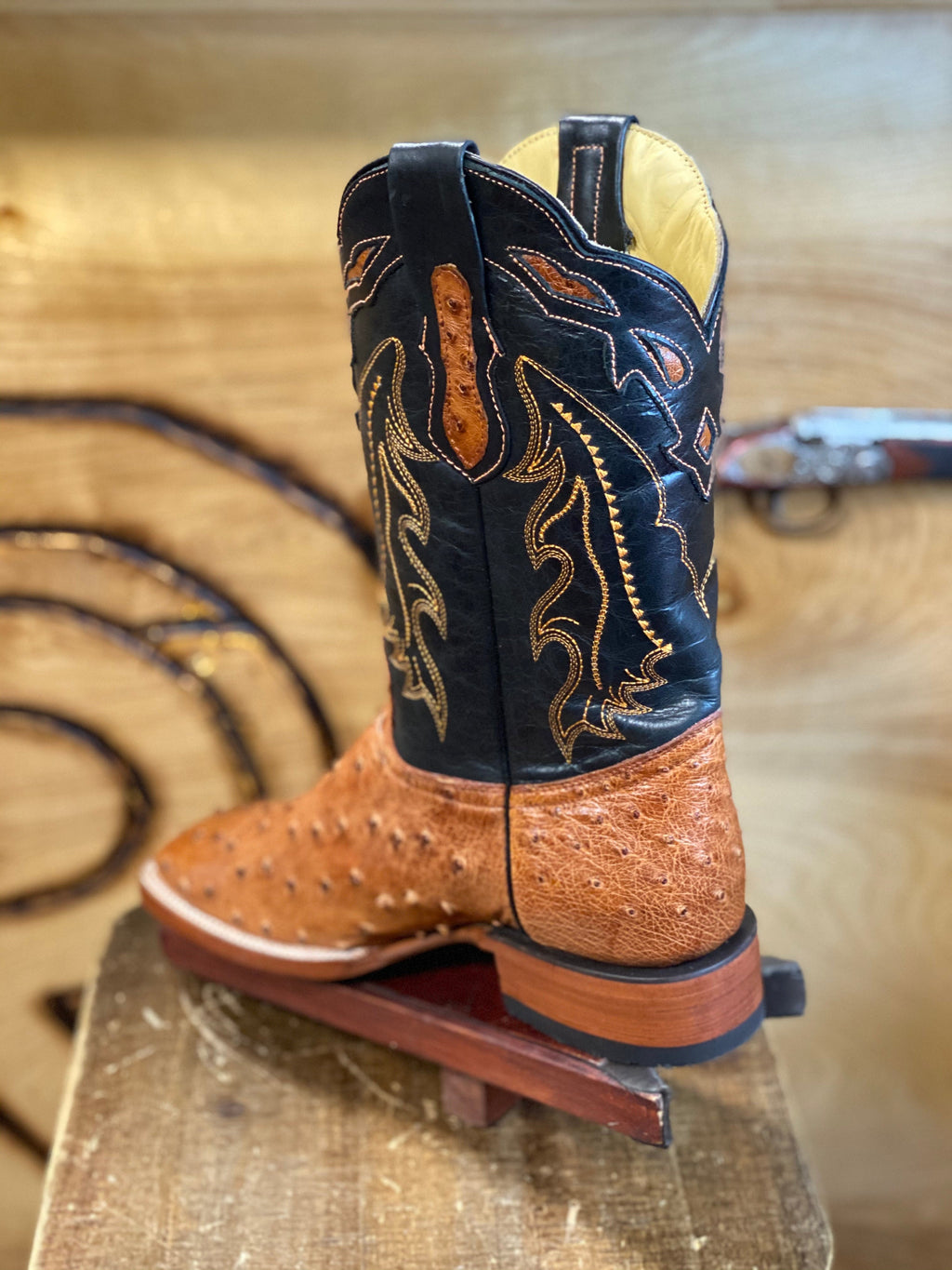 ORIGINAL OSTRICH COGNAC SQUARE TOE BOOT Arango