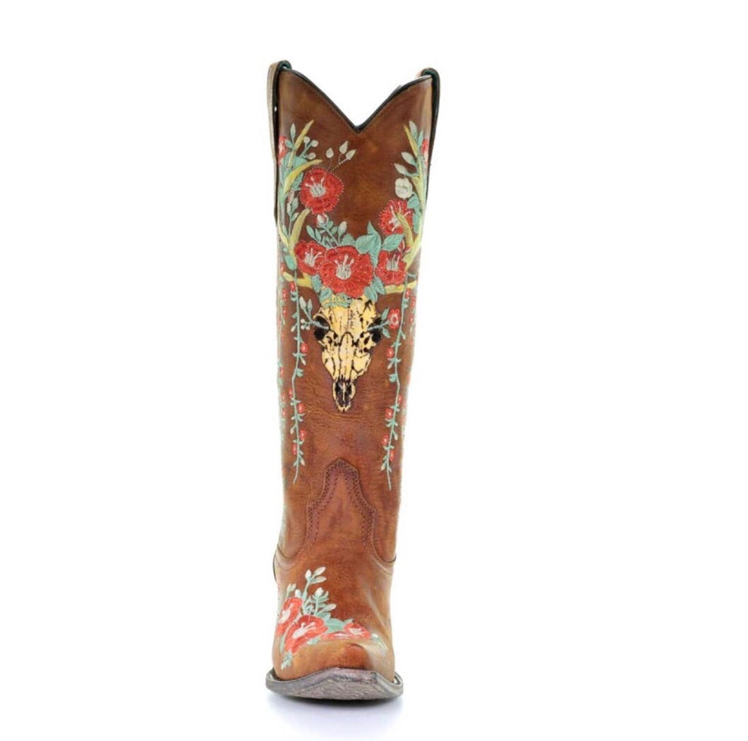 Corral Women's Deer Skull & Floral Embroidery Cowgirl Boots A3620