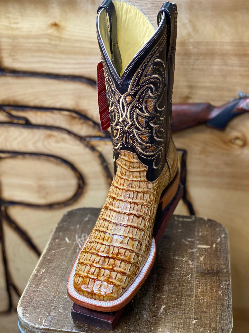 BR BOOTS : CAIMAN HORNBACK TAN SQUARE TOE BOOTS