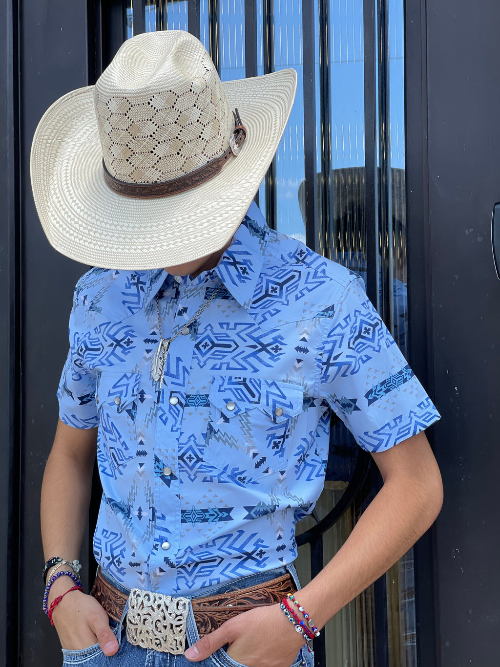 MENS ROCK & ROLL RRCB AZTEC  SHORT SLEEVE SNAP BLUE SHIRT |RRMS1SRZ7Z