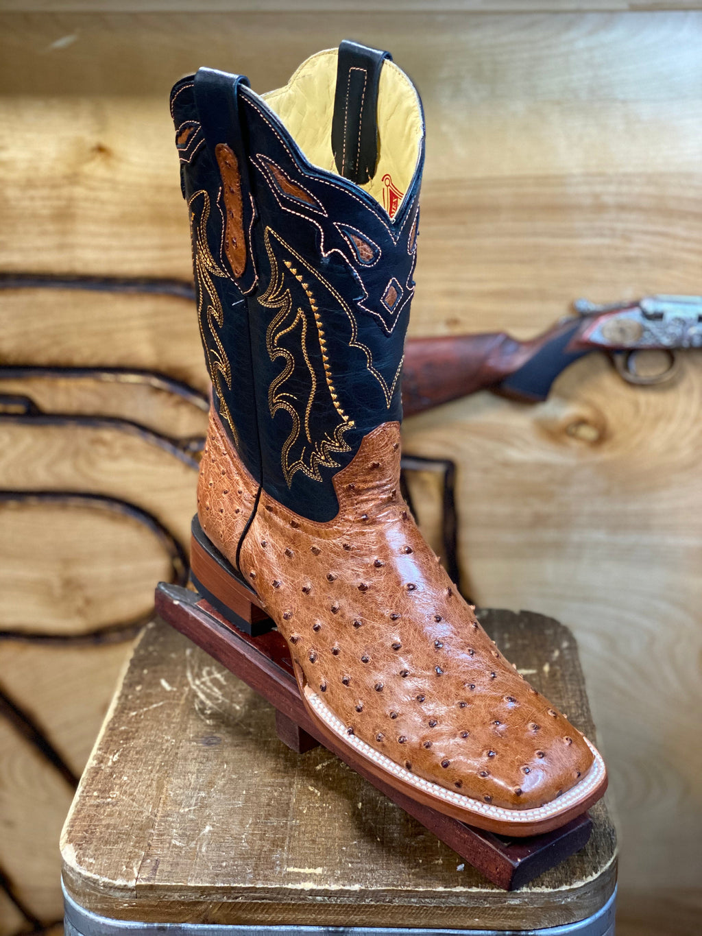 ORIGINAL OSTRICH COGNAC SQUARE TOE BOOT Arango