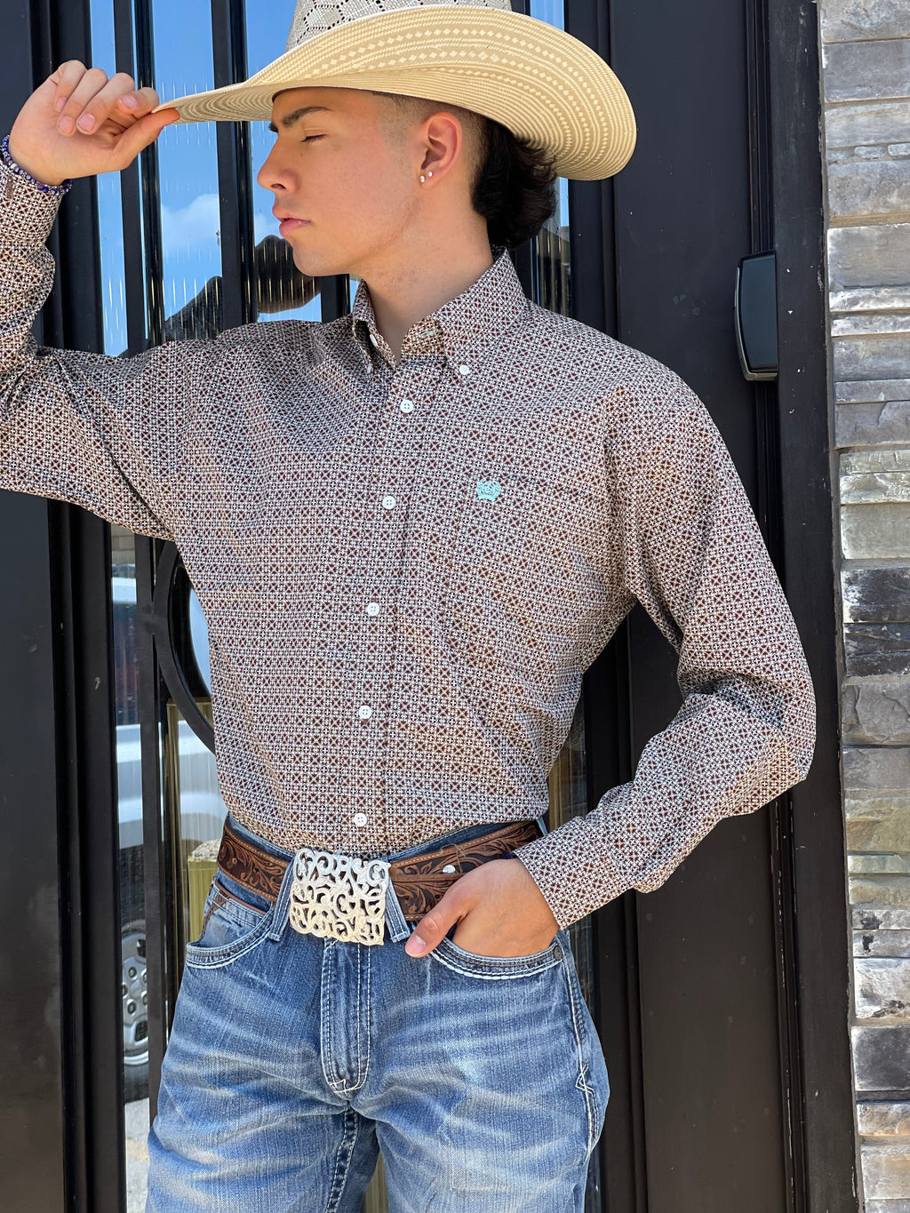 MEN’S LONG SLEEVE PRINT BROWN CINCH | MTW1105375