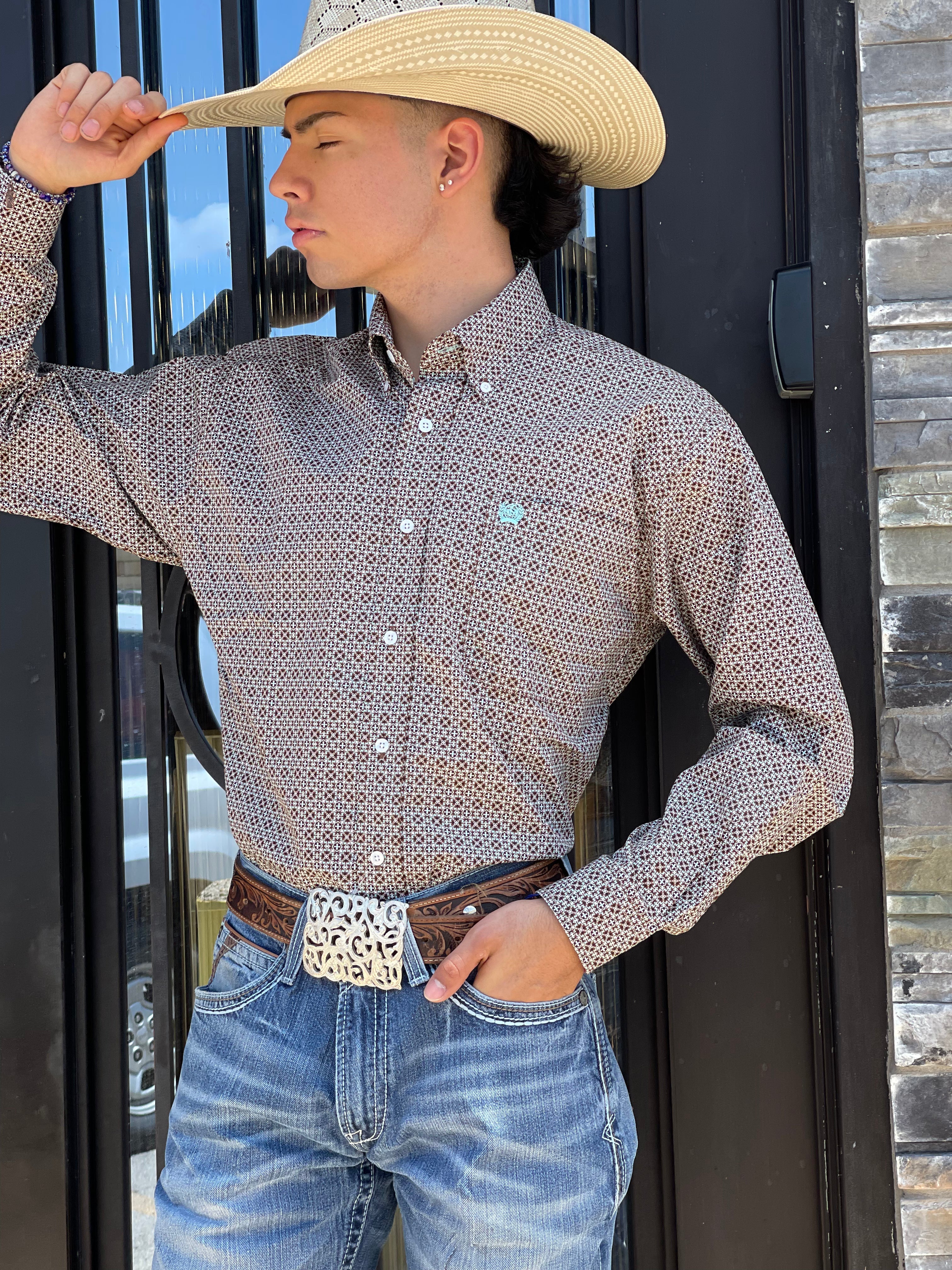 MEN’S LONG SLEEVE PRINT BROWN CINCH | MTW1105375