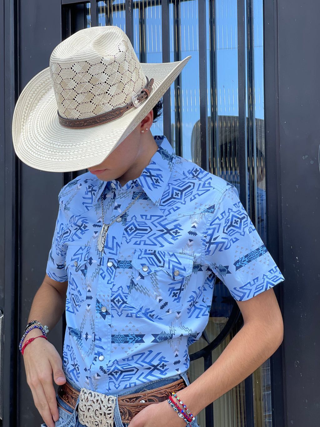 MENS ROCK & ROLL RRCB AZTEC  SHORT SLEEVE SNAP BLUE SHIRT |RRMS1SRZ7Z