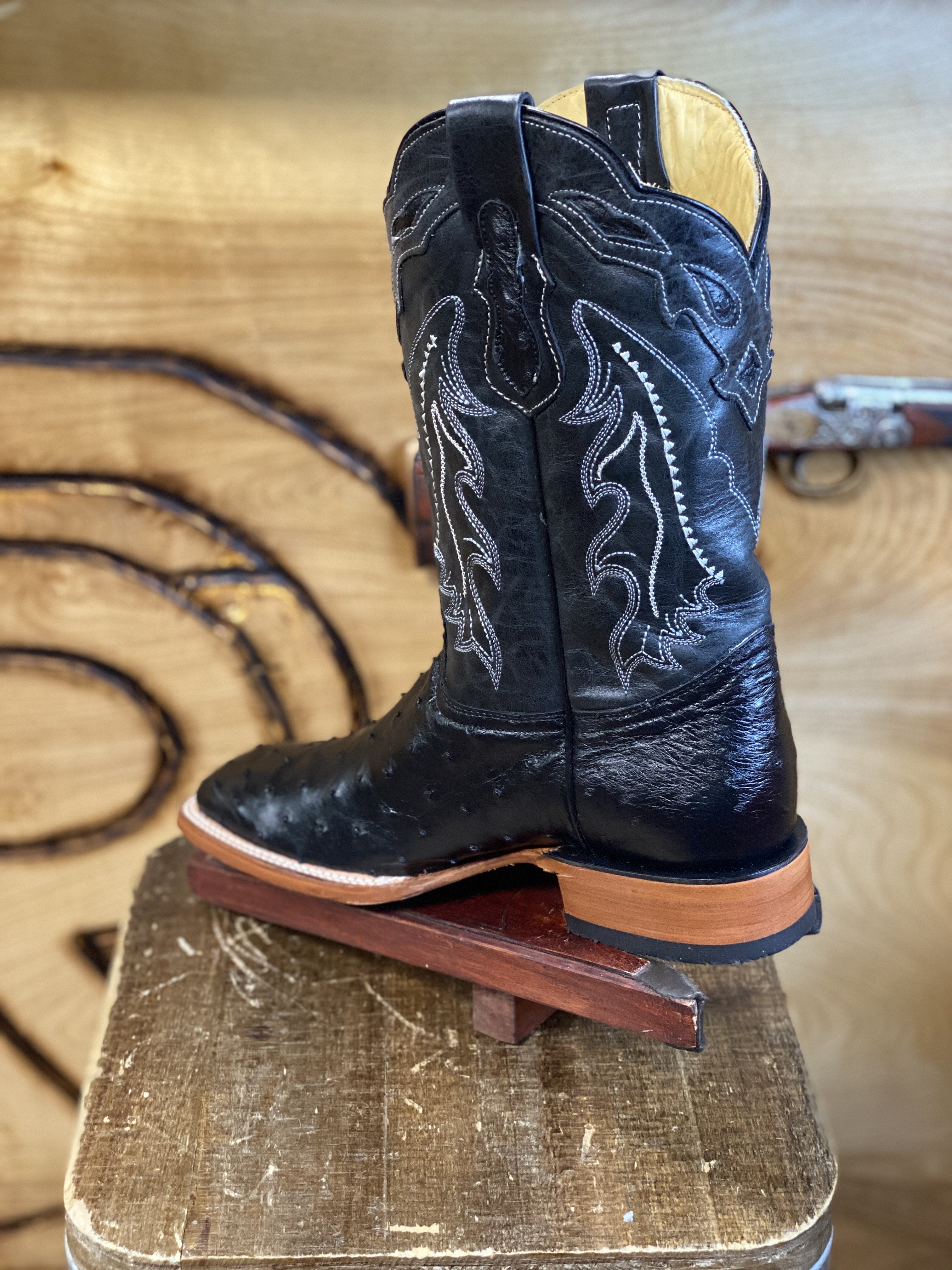 Original -Ostrich Boots | Black Men Western Square Toe Boots Arango