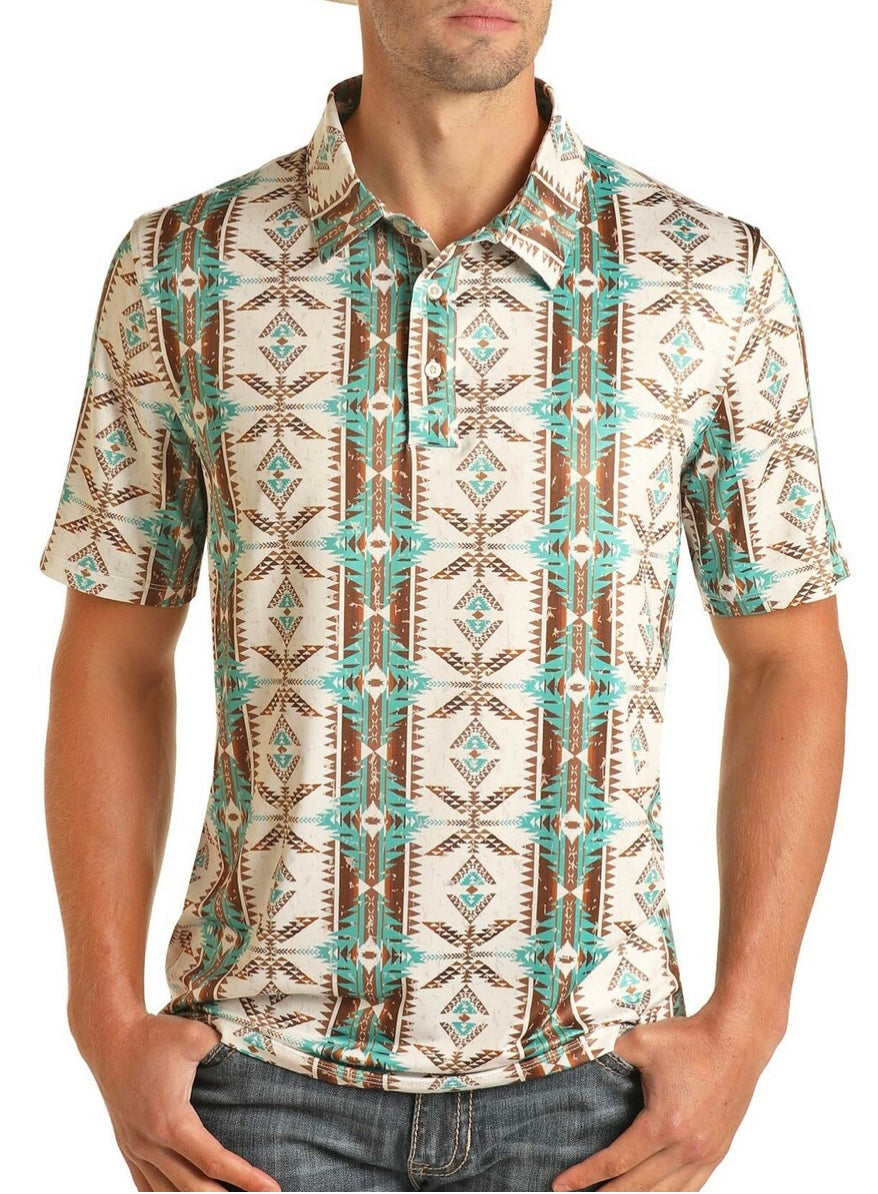MEN'S SHORT SLEEVE PRINTED POLO TEAL ROCK & ROLL | PPMT53RZ7B