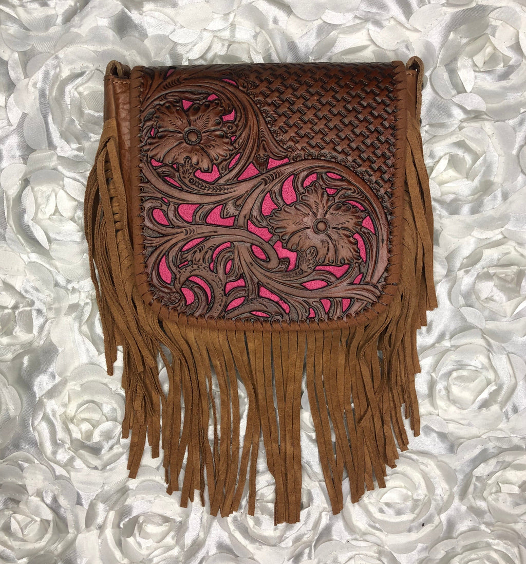 Half tooled leather with fringe crossbody