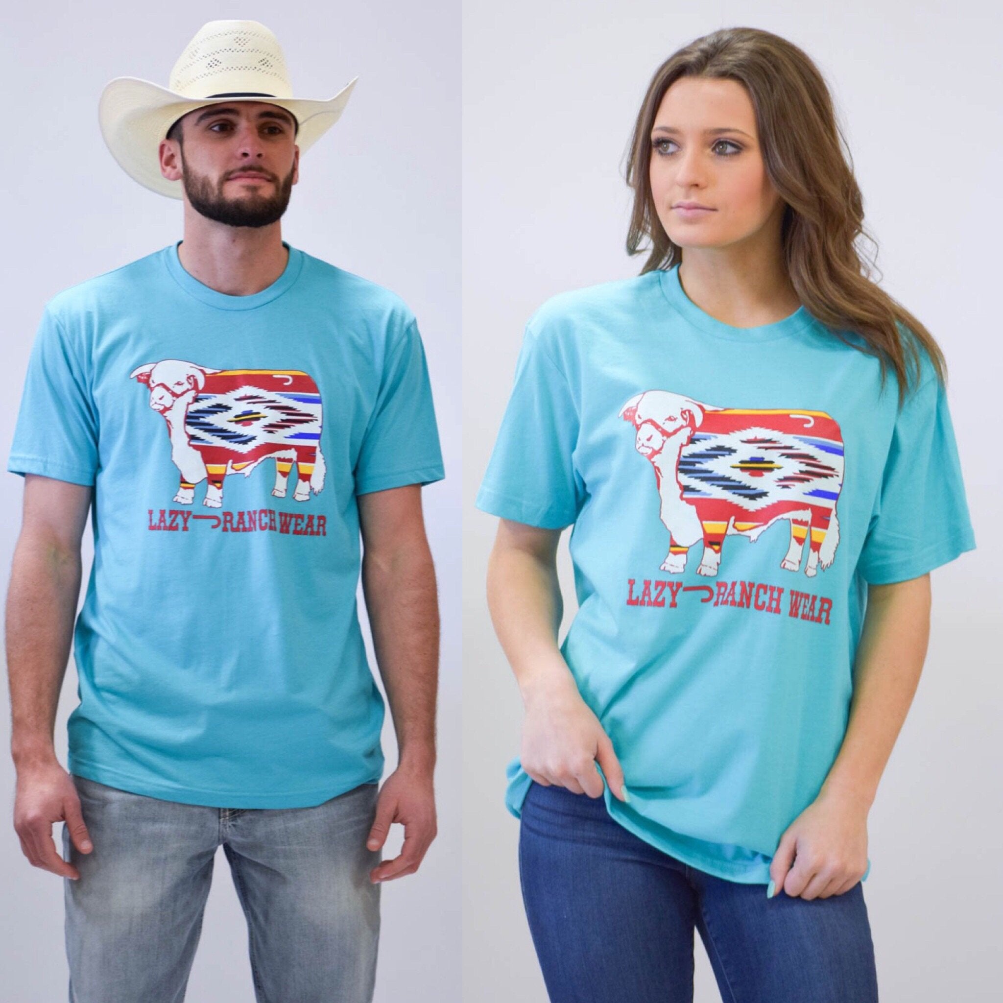 LAZY J: serape hereford turquoise short sleeve t-shirt