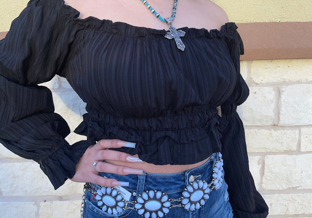 CASANDRA BLACK OFF SHOULDER TOP | HF22E115