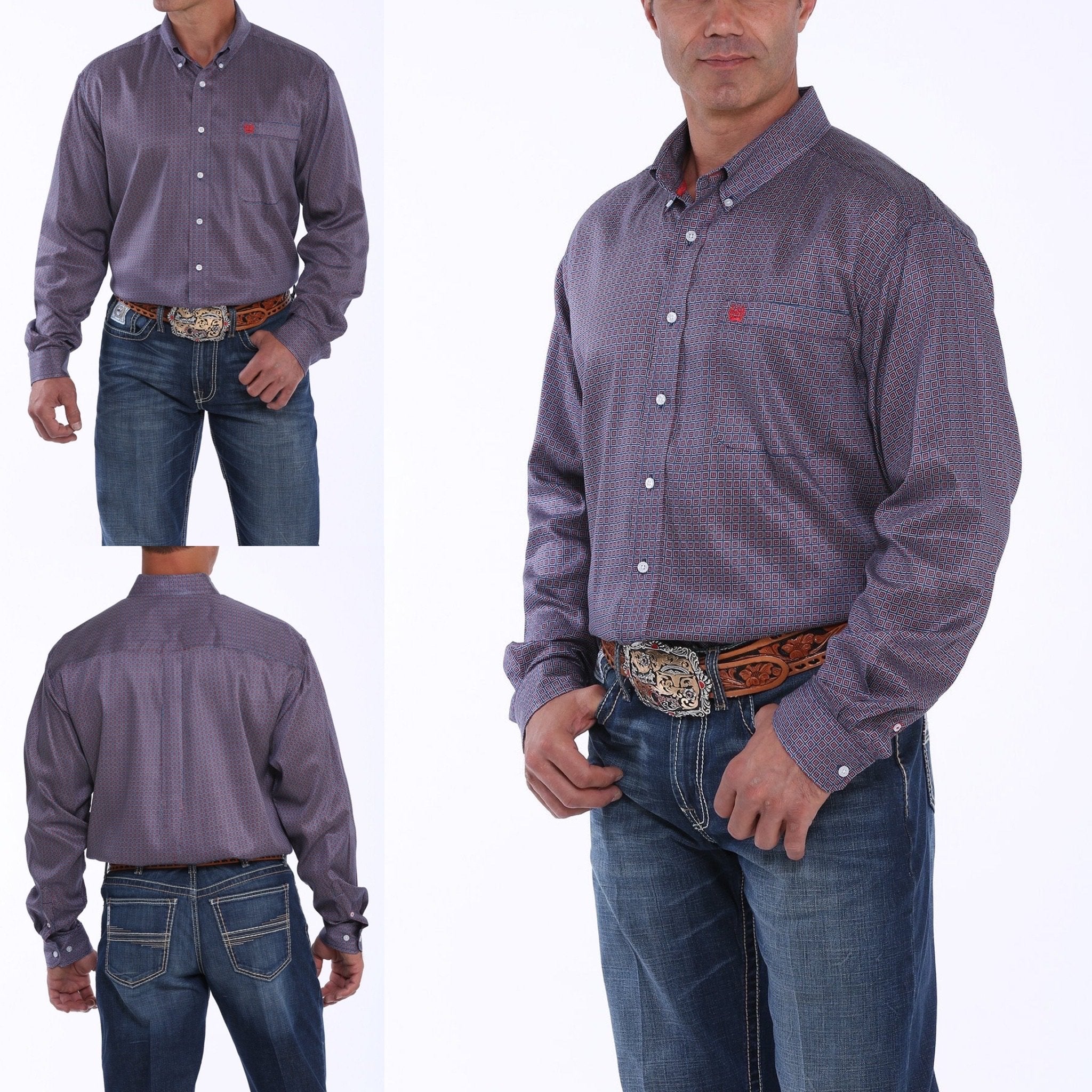 MENS NAVY, RED AND WHITE GEOMETRIC PRINT BUTTON-DOWN WESTERN SHIRT MTW1104888