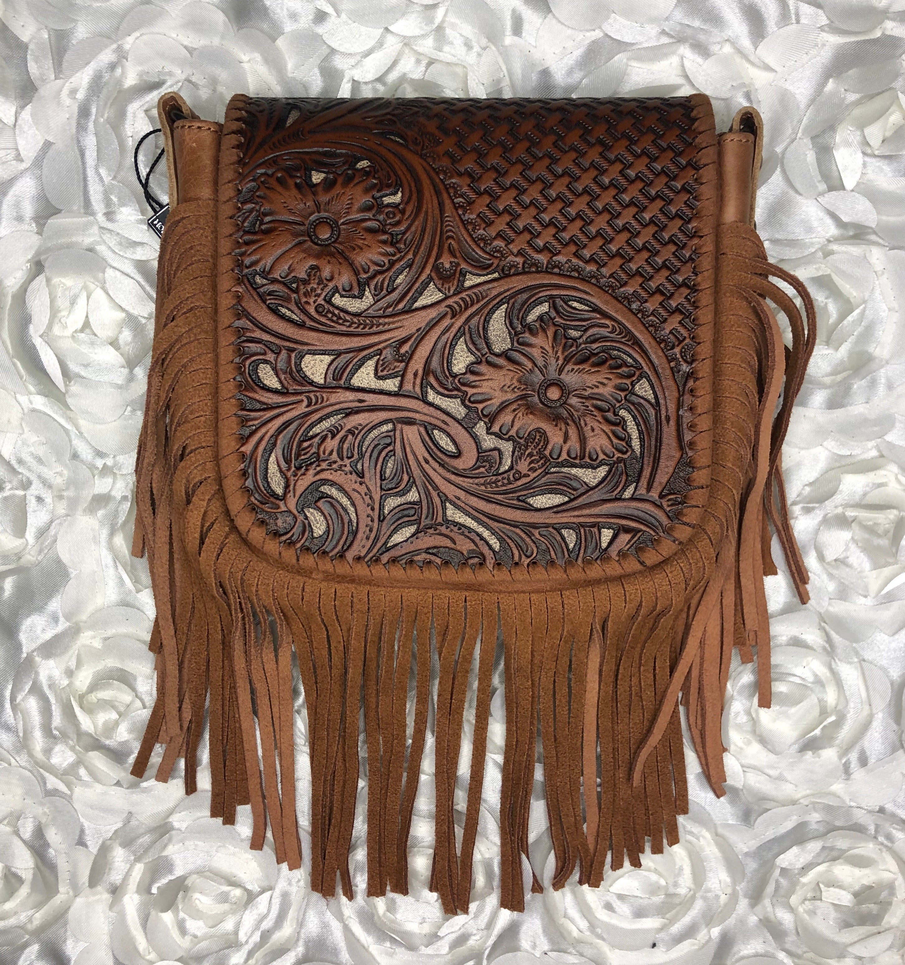 Half tooled leather with fringe crossbody