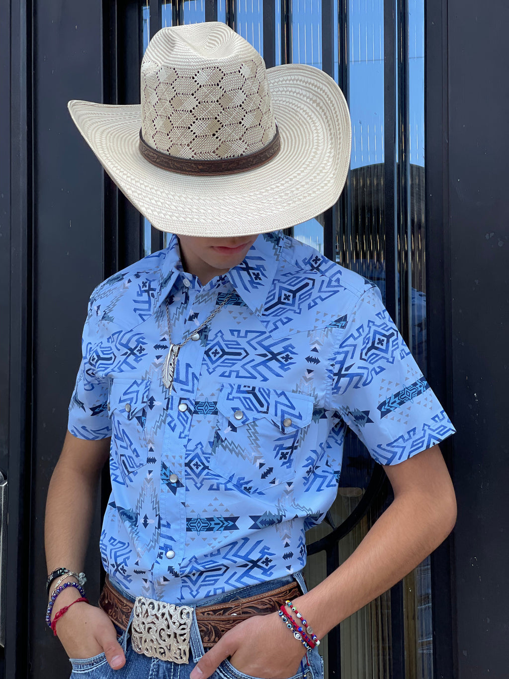 MENS ROCK & ROLL RRCB AZTEC  SHORT SLEEVE SNAP BLUE SHIRT |RRMS1SRZ7Z