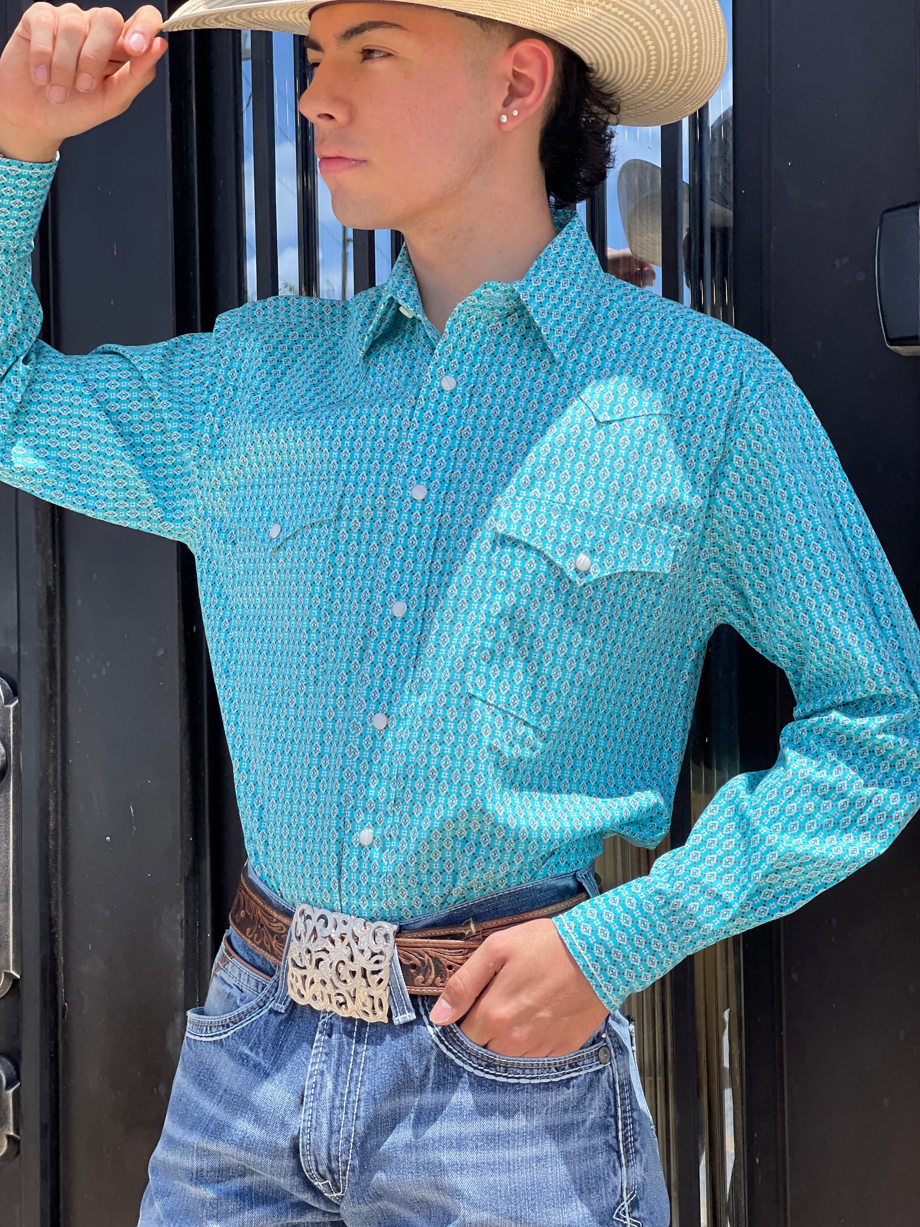 “ Carter “ | MEN LONG SLEEVE SNAP BUTTONS TURQUOISE SHIRT RSMSOSRZDQ